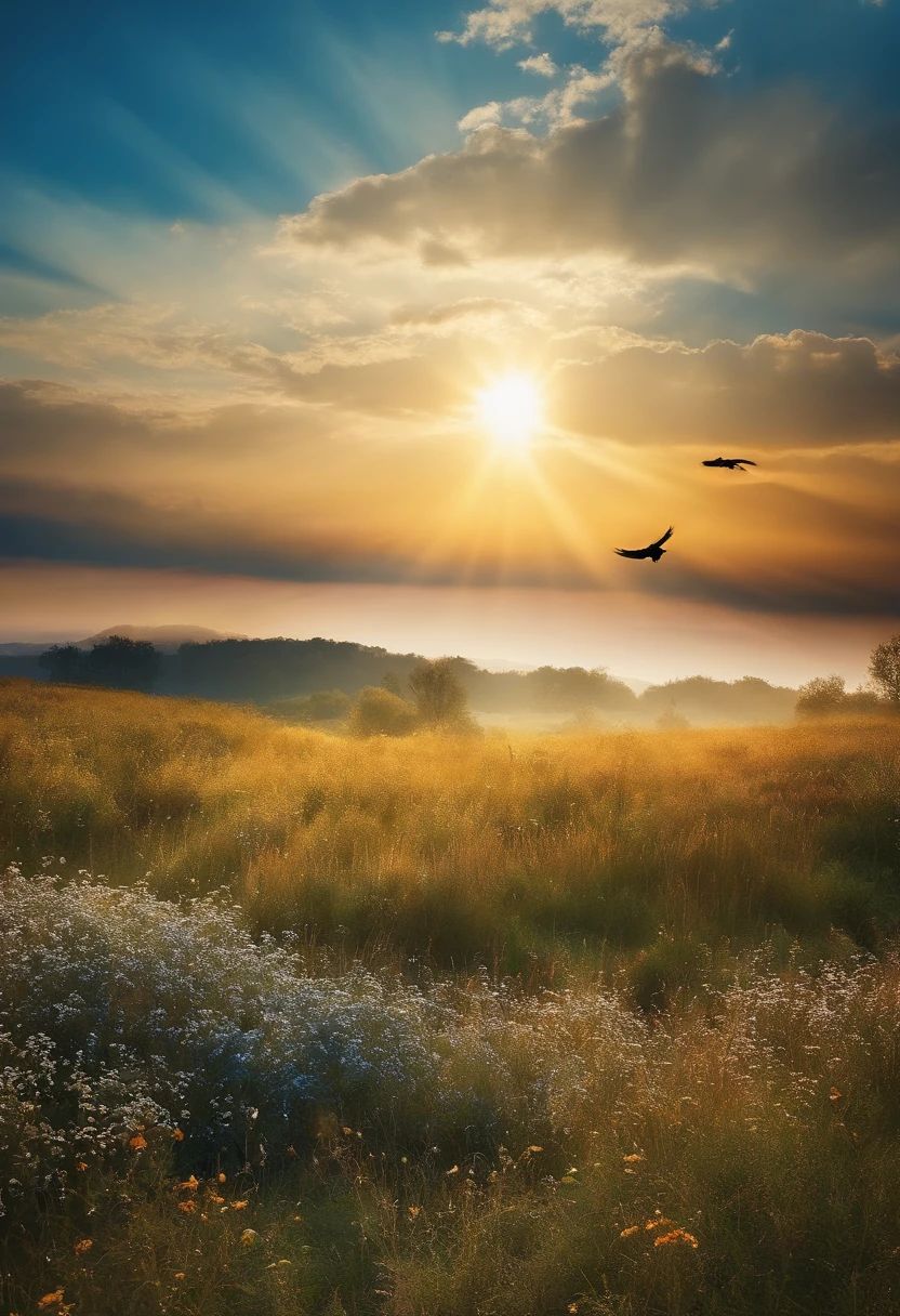 create blue sky with birds flying with sun