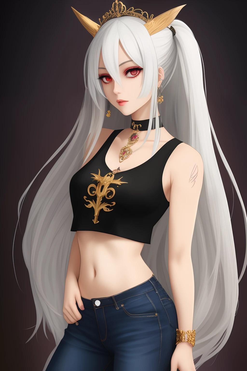 Anime Demon Girl, Long white hair and red eyes, Gold and blue jewel crown, Black crop top, Black jeans, Gauges, Choker