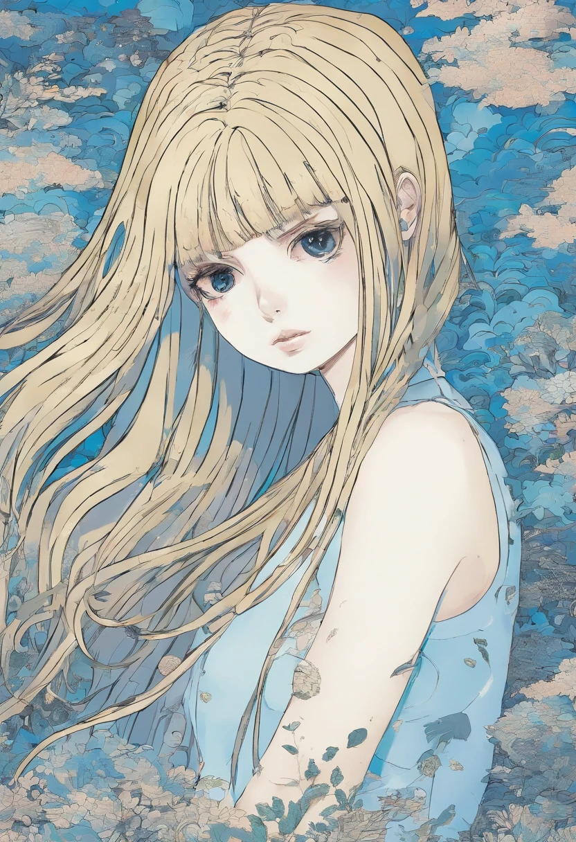 Junji ito style, fille 18 ans, cheveux long raide blond, yeux bleu claire, jolie.