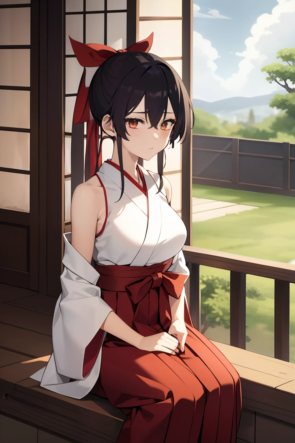 1girl, bangs, bare_shoulders, blue_sky, breasts, brown_eyes, cloud, cloudy_sky, day, detached_sleeves, fence, hair_between_eyes, hair_ribbon, hakama, hakama_skirt, japanese_clothes, kimono, large_breasts, long_hair, looking_at_viewer, obi, railing, red_hakama, red_ribbon, ribbon, sash, shouji, sky, sliding_doors, solo, tree, veranda, white_kimono
((best quality)), ((masterpiece)), (detailed), Sagirin