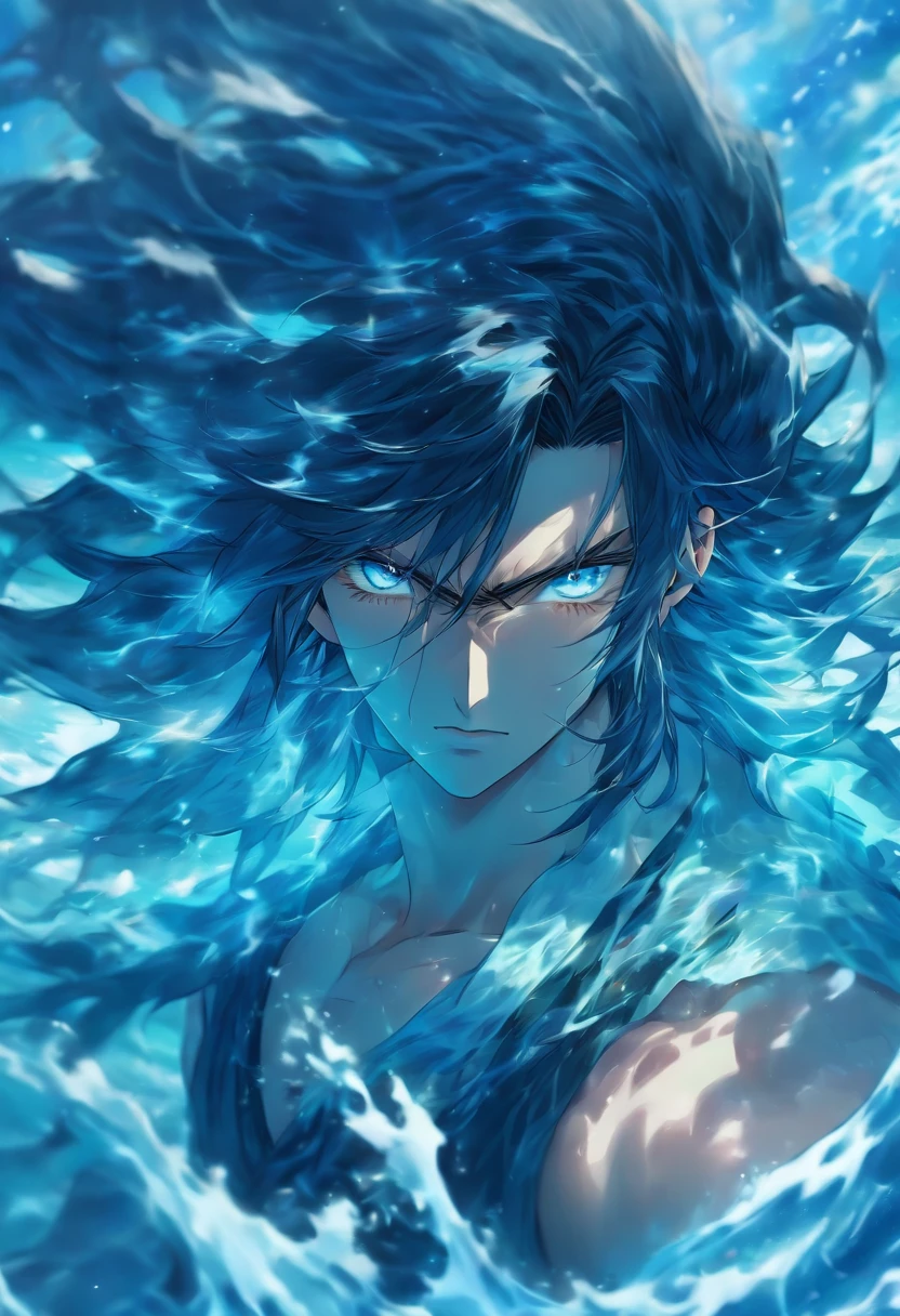 A male with long black hair with blue highlights. Tall. Blue eyes. Pretty male. Ocean background