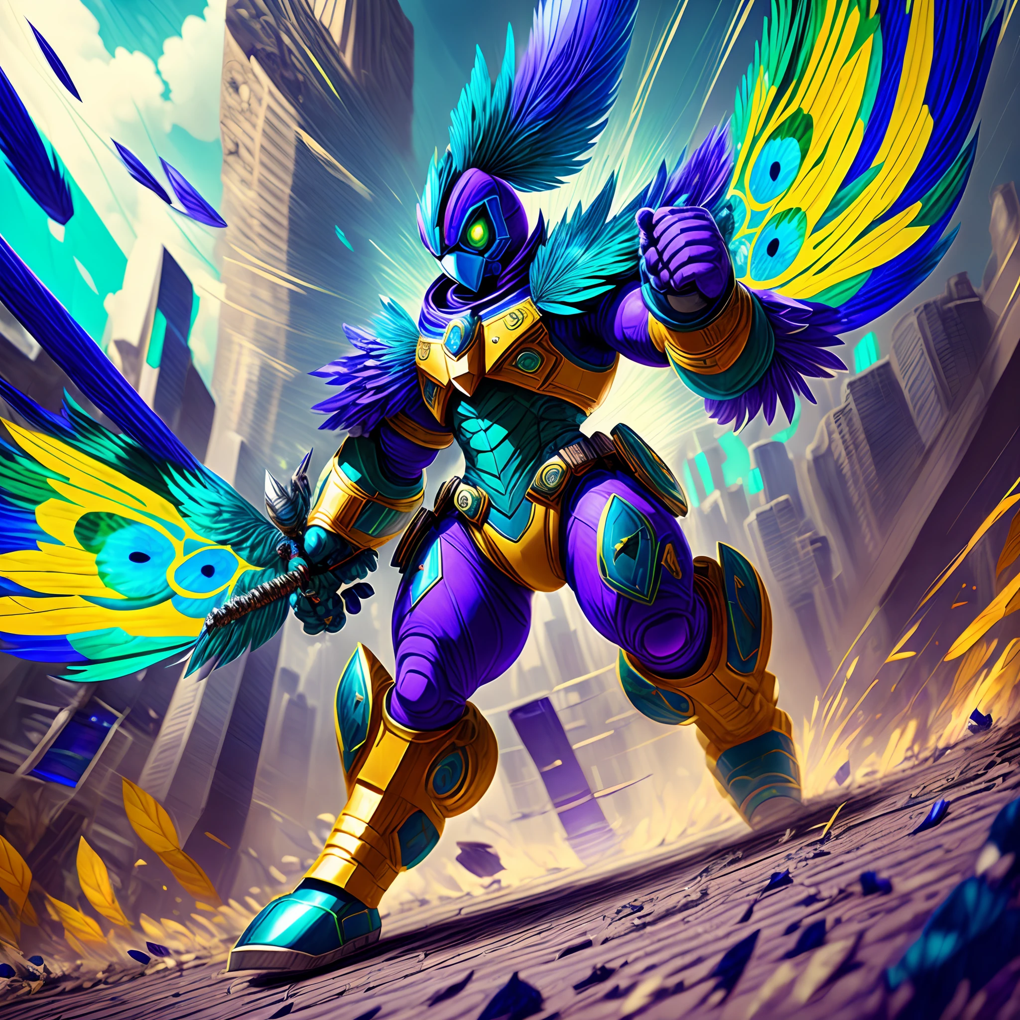 surreal Mega Man of character "Cyber Peacock" a digitized peacock-based Maverick in Mega Man X4.Peacock metal mask, outfitted Peacock armor primarily blue with purple and yellow highlights. blue glass pads on knees, chest, shoulders and wrists. had nine green Peacock ทำะฟส feathers attached toback to use in combat as missiles. teleports and summons Peacock feather-shaped blades of energy from tail. style of 3D animation style CAPCOM,Disneys Pixar,STUDIOCANAL --auto --s2