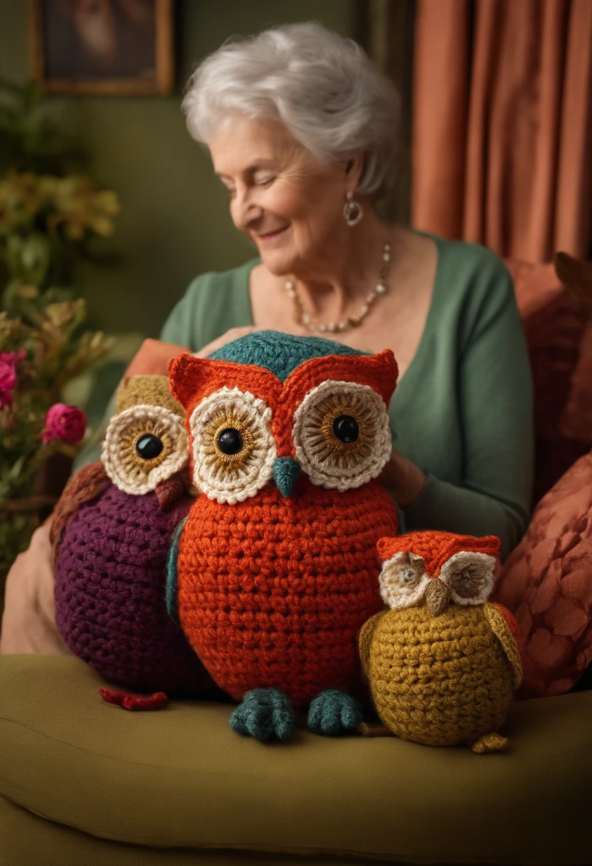 Create a captivating description of a lady over 60 sitting on the sofa, lovingly holding a large, beautiful crochet owl that she made herself. Highlight the expression of joy and accomplishment on the lady's face