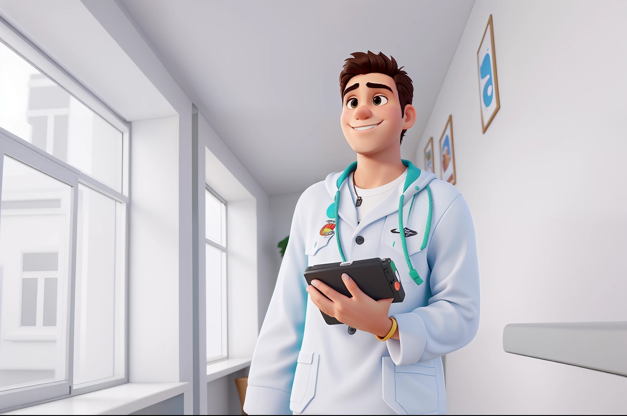 Jovem aluno de enfermagem com jaleco, no estilo Disney Pixar.