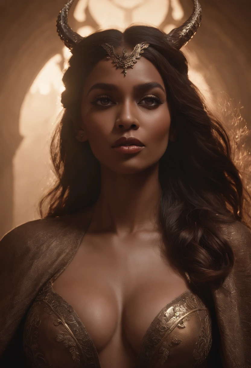 Dark-skinned Demon Queen, NSFW, gordura, Peitos grandes, quadris grandes, bumbum grande, perfectly proportions, olhos perfeitos, Real-life cores, elegante, foco nítido, hiper-realista, altamente detalhado, RISTY, dramatic lighting, Conceptual resolution Art 8k by Greg Rutkowski Hyper-detailed dynamic lighting Triadic dynamic lighting color splash art trend Artstation Unreal Engine 5