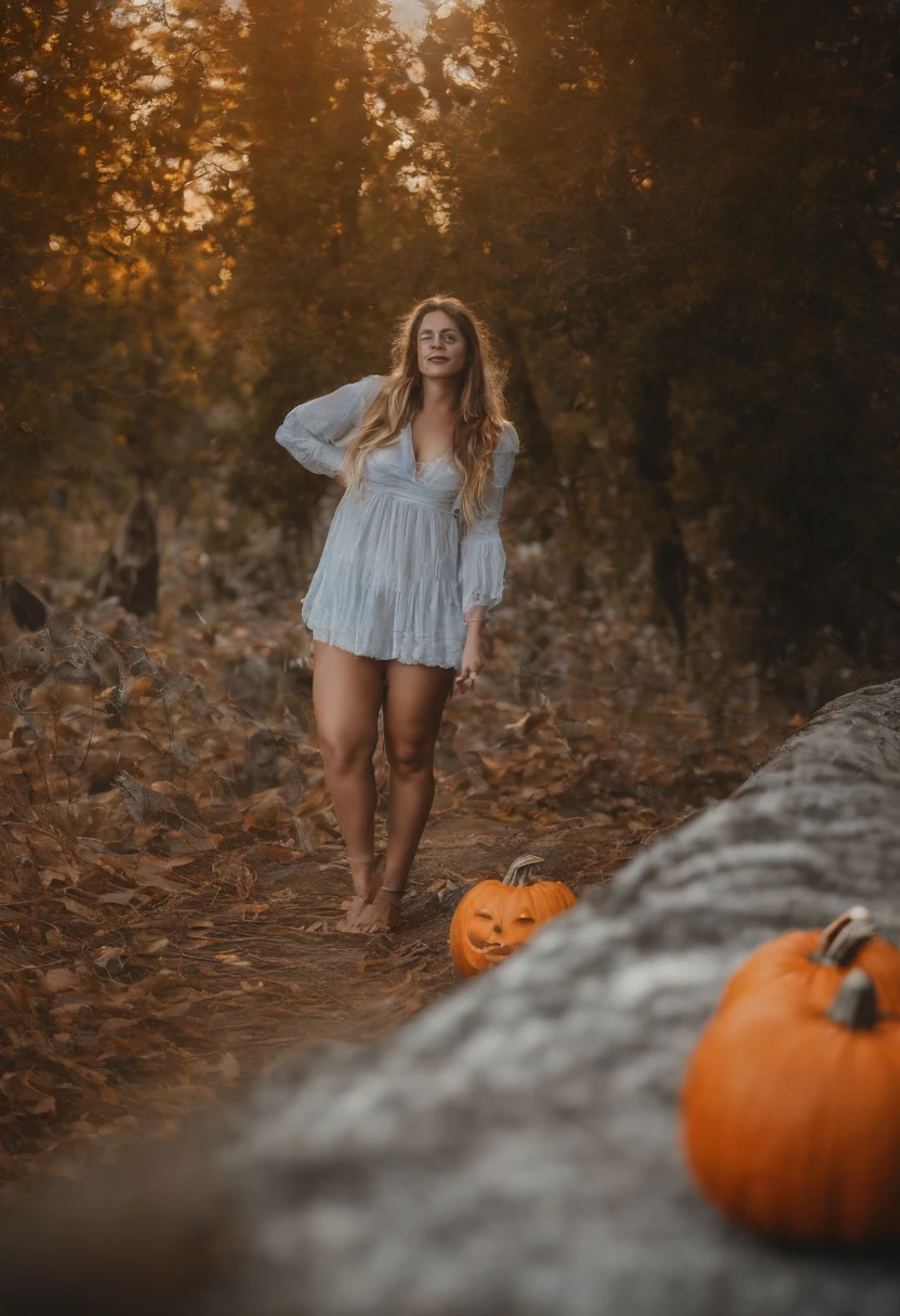 bonita, sexy, vestida em uma ligerie , em meio a natureza, (Peito muito grande、Mother's Escots、peito saliente、Exponha seus seios、Do not hide all breasts、Mamilo bonito), gloss、um colar, e 8K、Put on a Halloween-style pumpkin head, extremamente realista e extremamente nitido