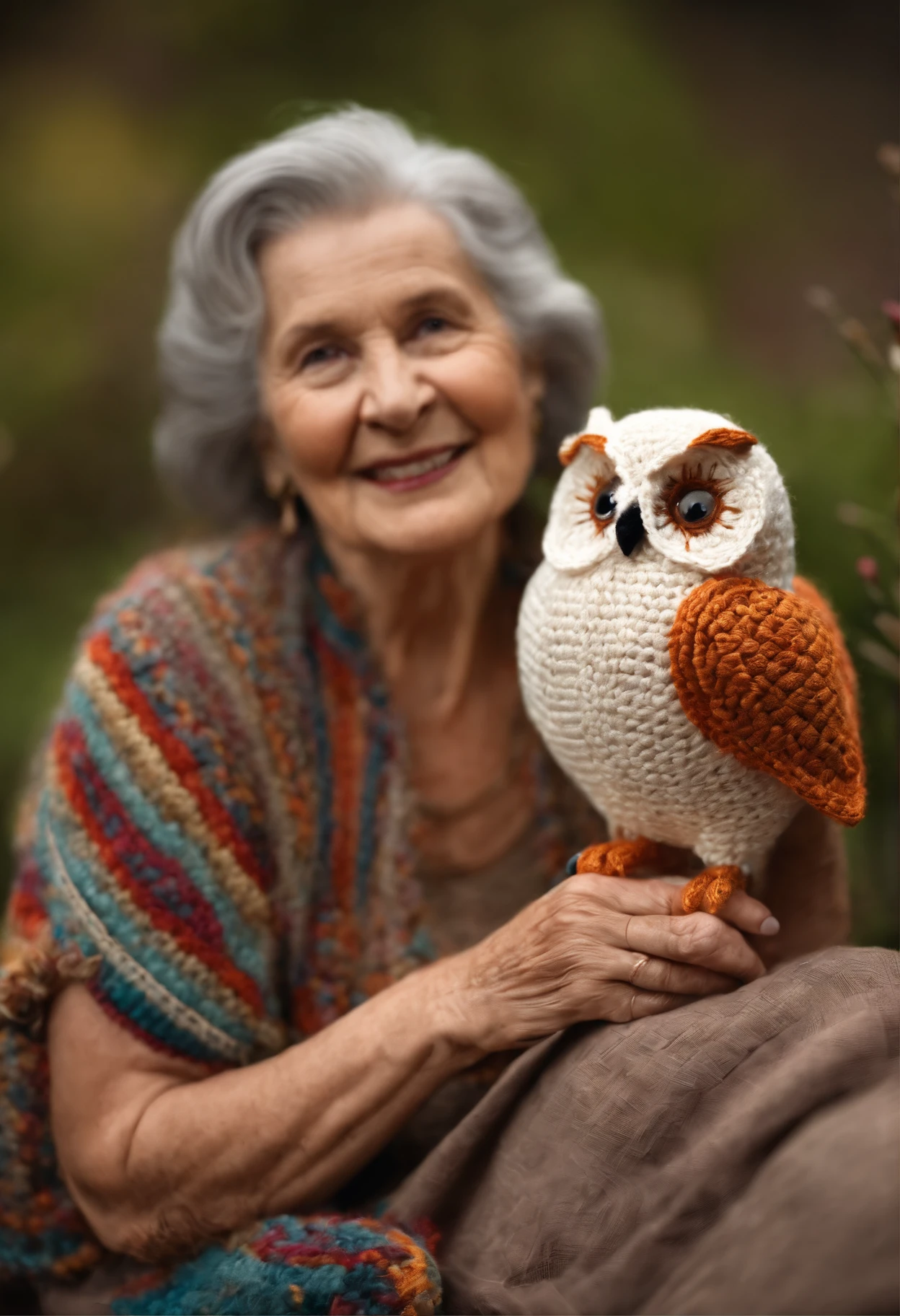Create a captivating description of a lady over 60 sitting on the sofa, lovingly holding a large, beautiful crochet owl that she made herself. Highlight the expression of joy and accomplishment on the lady's face