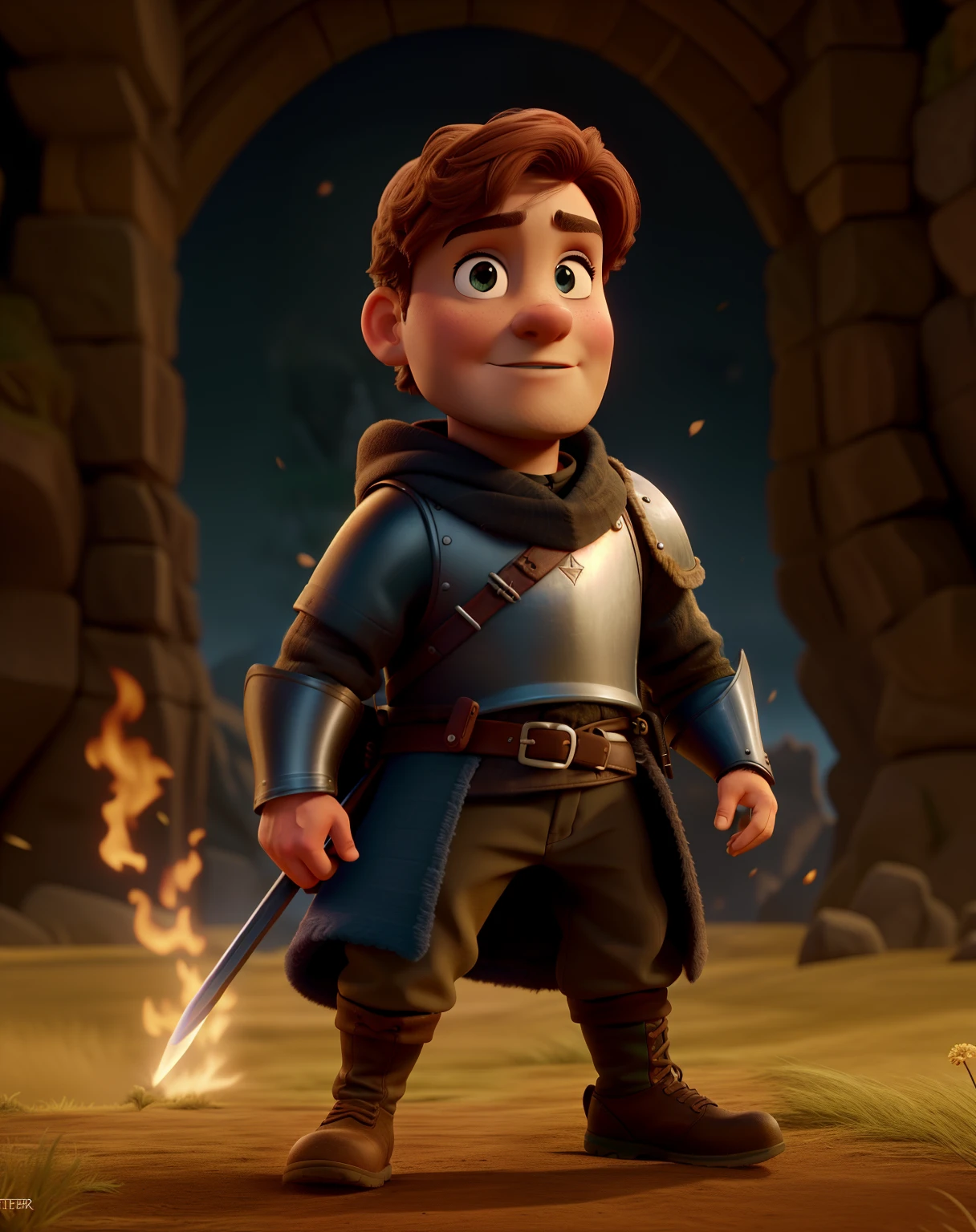 Create an epic Disney pixar movie poster of a Game of thrones character, Um rei guerreiro usando uma coroa, segurando uma espada, usando uma armadura medieval, em Batle Field em pose de combate. Estilo Pixar, Cartoon, cores vibrantes, cinemactic, altamente detalhado, Rosto detalhado, Cinematic lighting.