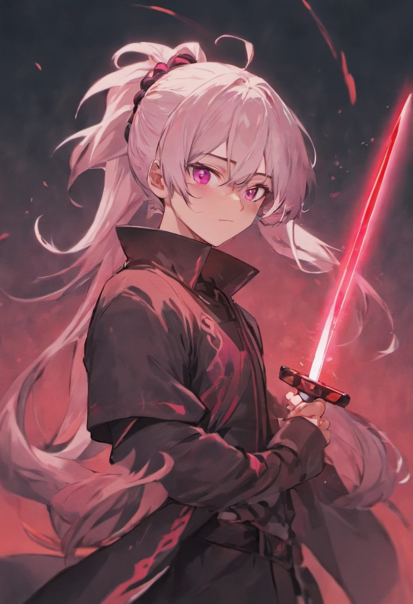 A male with a long ponytail. White hair with black highlights. Pink Coloured eyes. Tall. Pretty Male. Holding Katana [Demon Slayer Style]