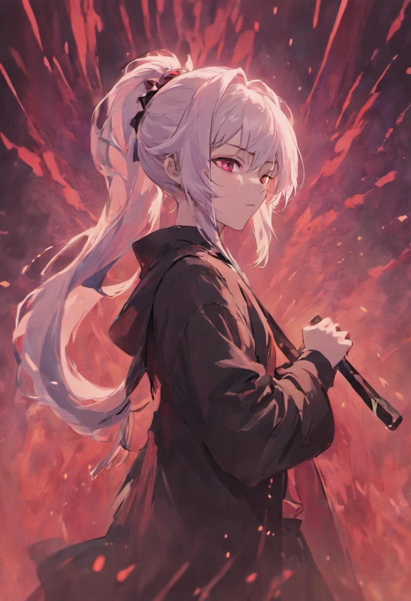 A male with a long ponytail. White hair with black highlights. Pink Coloured eyes. Tall. Pretty Male. Holding Katana [Demon Slayer Style]