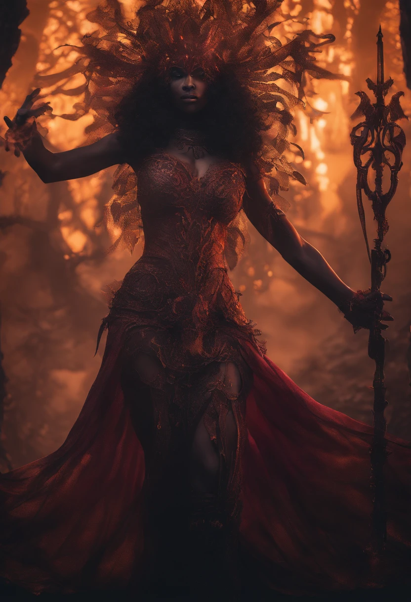 Dark-skinned Demon Queen, NSFW, gordura, Peitos grandes, quadris grandes, bumbum grande, perfectly proportions, olhos perfeitos, Real-life cores, elegante, foco nítido, hiper-realista, altamente detalhado, RISTY, dramatic lighting, Conceptual resolution Art 8k by Greg Rutkowski Hyper-detailed dynamic lighting Triadic dynamic lighting color splash art trend Artstation Unreal Engine 5