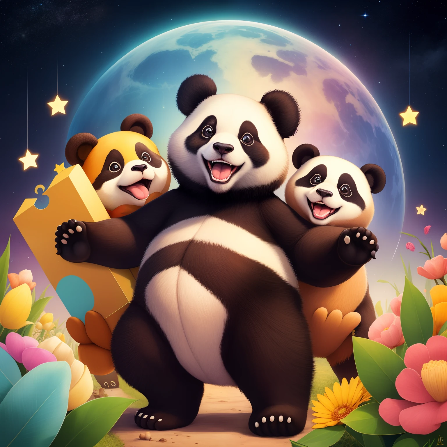 The Curious Panda is back in the real world with a big smile. He's holding the assembled Giant Puzzle with pride, Looking at the path of stars with joy and fulfillment. children's book illustration style