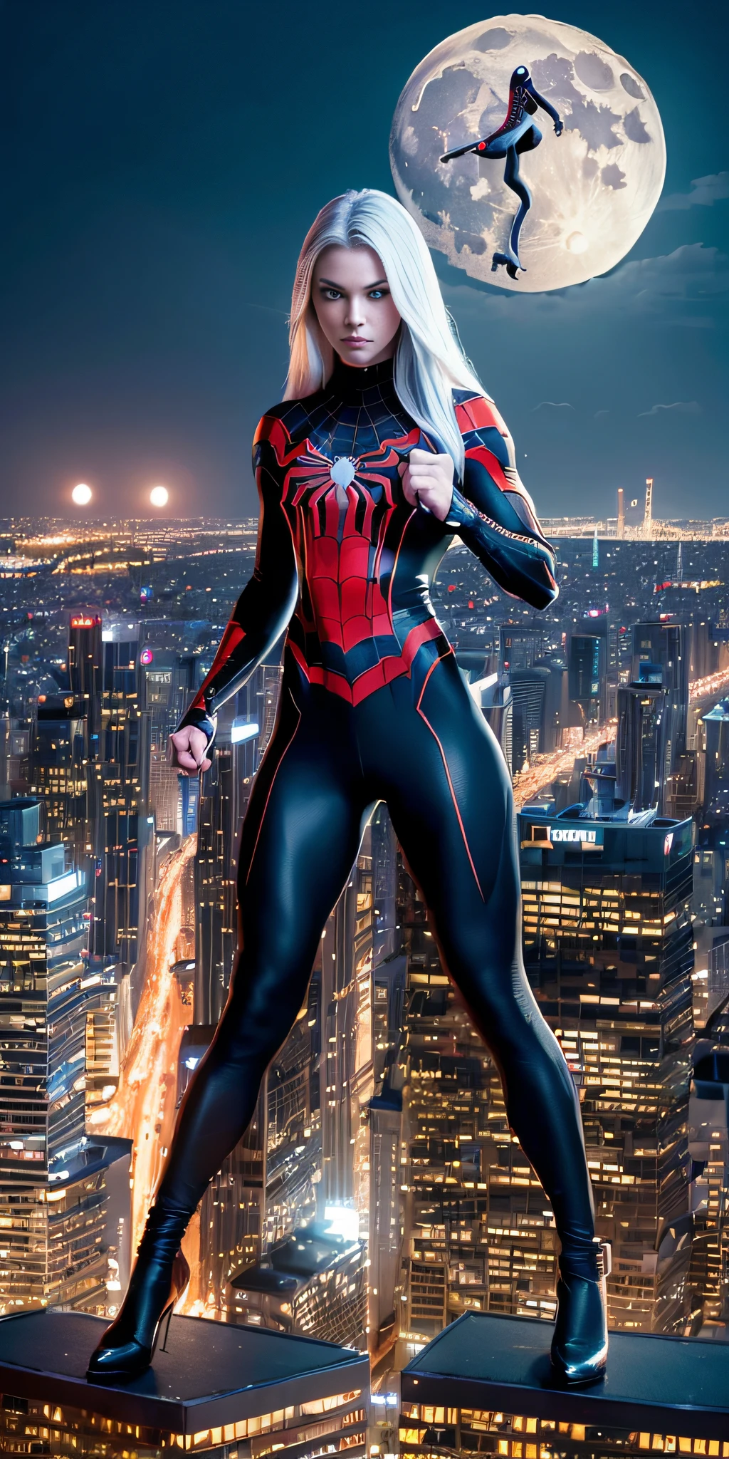 Create a superhero fusion mix of spider girl and storme with grey hair, realistic,ultra hd, solo girl, 8k, full sized