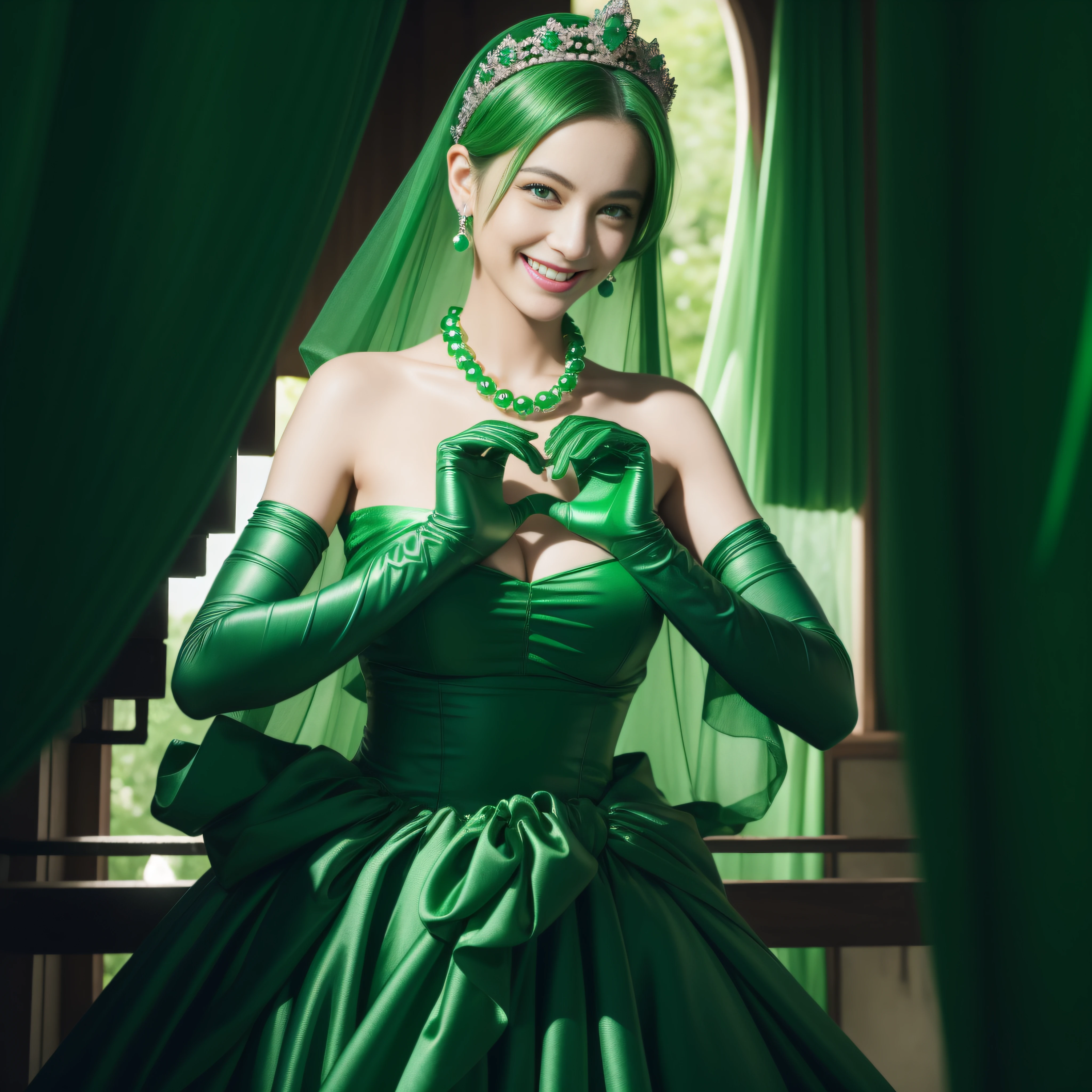 emerald tiara, Green Pearl Necklace, Boyish very short green hair, lipsticks, Japan woman smiling, very short short hair, big breasts beautiful, Green eyes, Long green gloves made of satin material, Green eyes, Emerald Earrings, green vale, Heart with both hands,Green hair