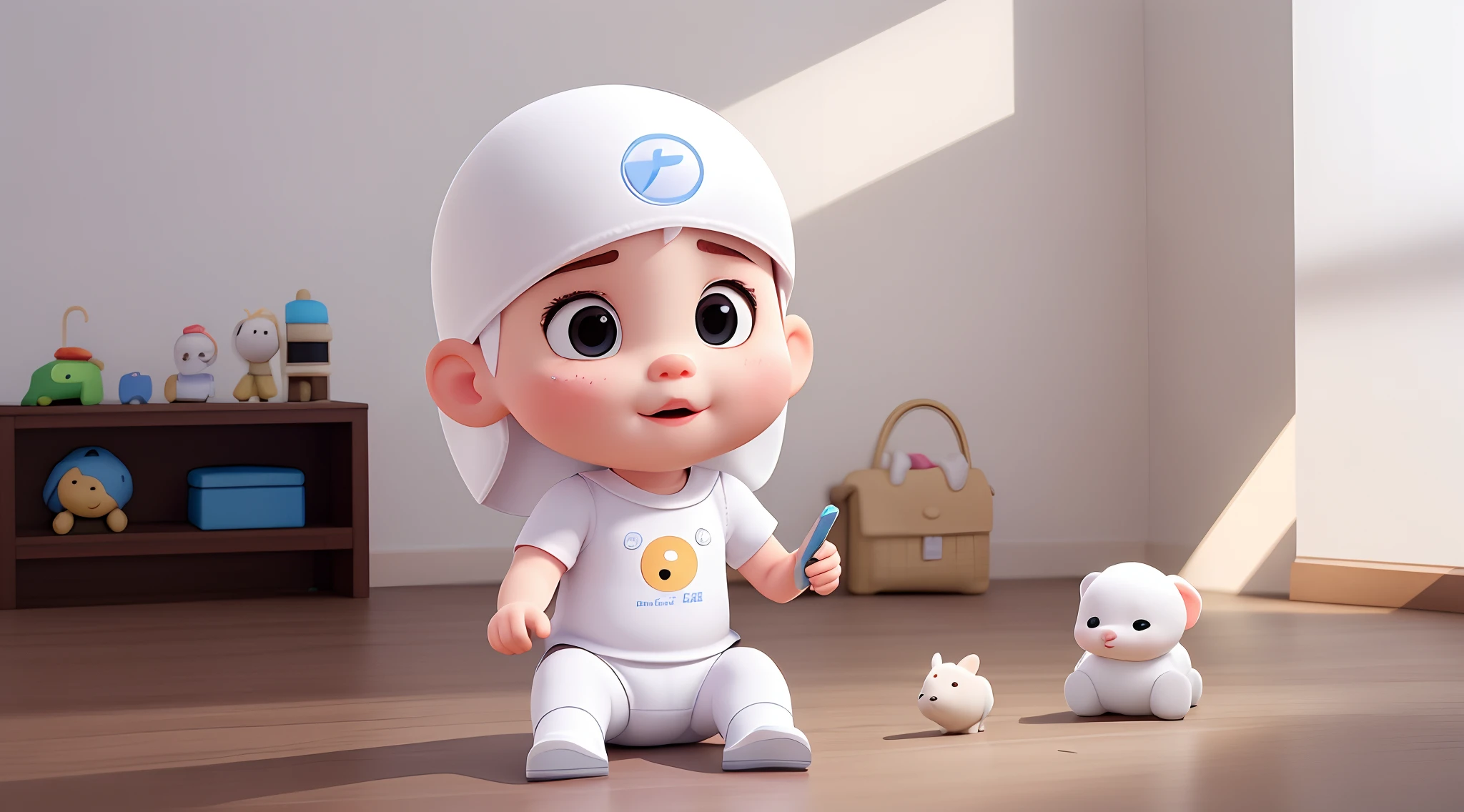 A white baby only with a diaper, sentado tirando uma selfie segurando um celular, melhor qualidade, maior qualidade, Light Volumetric