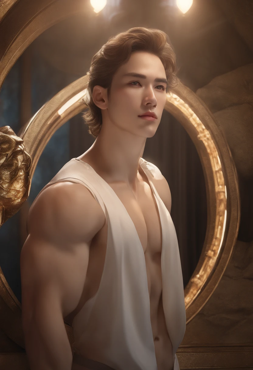 Mind control , (masterpiece, ultra quality, high resolution, 8k, intricate: 1.2), (detailed face:1.2), handsome, ,white skin, double eyelids , detailed skin, 1boy, ((realistic)), abs, good lighting quality, muscle veins, ((pale skin)), (drooling:1.2), side view, lust face, full body,(look at spiral on TV:1.3), (viewer pop:1.3)