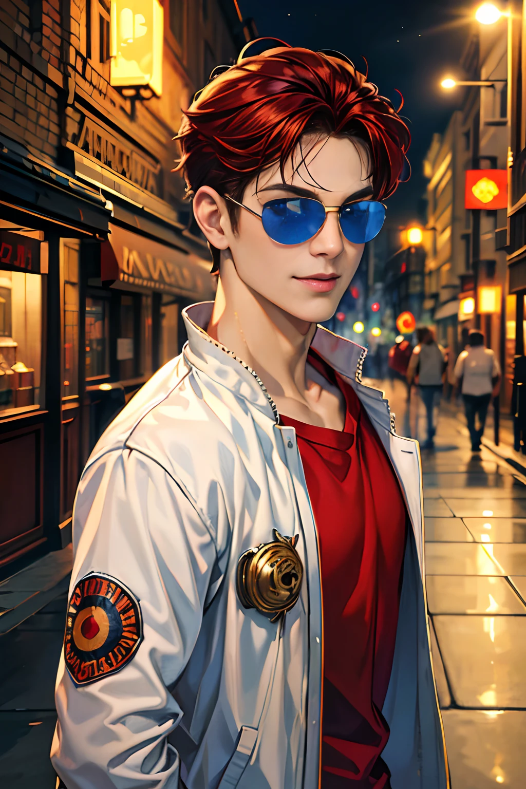 (absurdres, highres, ultra detailed, HDR), masterpiece, best quality, 1boy, handsome,red short hair, finely eye and detailed face, (white t-shirt), (jean jacket), dimple, forehead, night street, night city, midnight, selfie shot, light smile,black sun glasses,