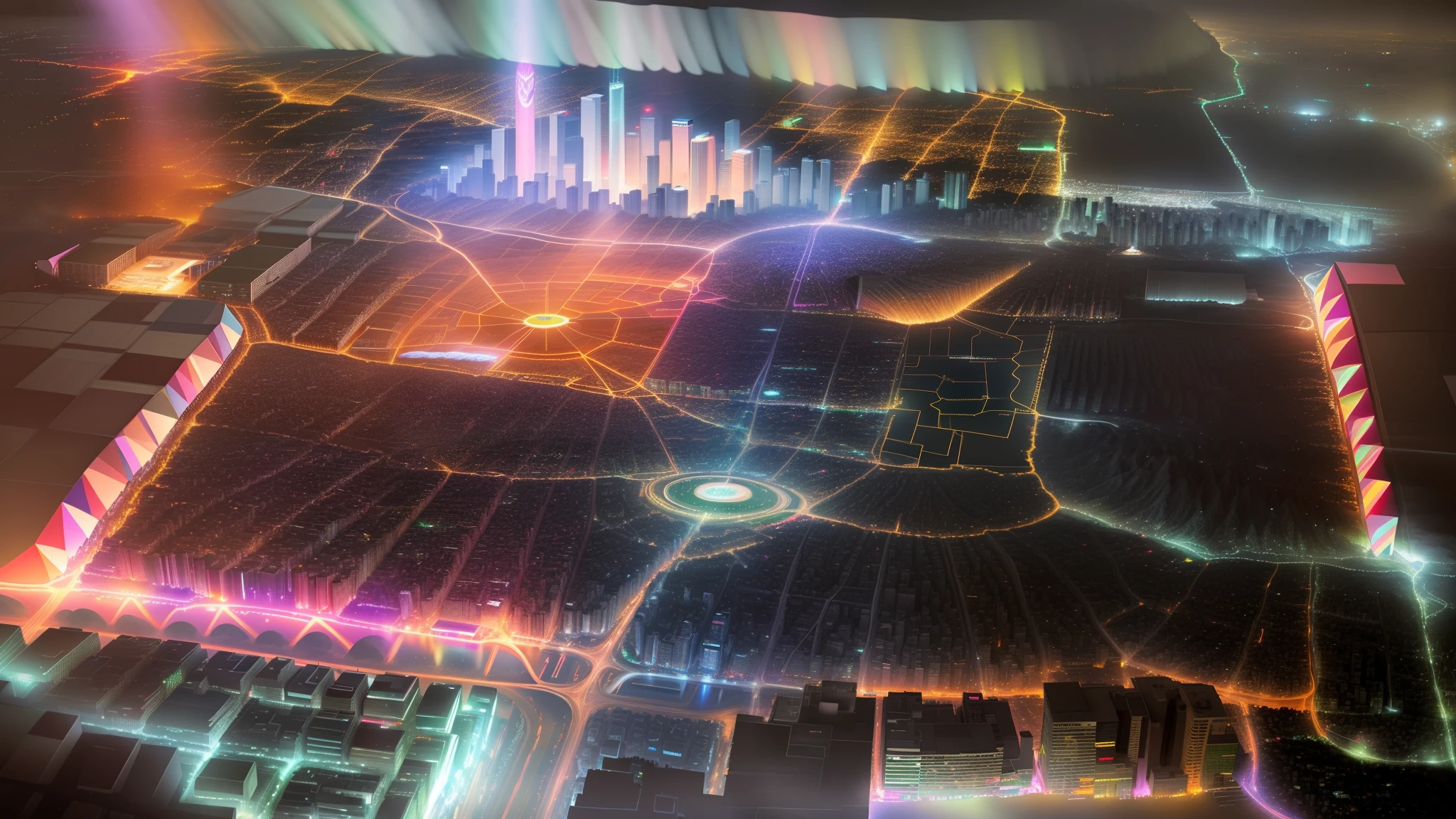 Aerial view of a large crowd of people at a concert, tiro grande angular de cima, sao paulo, tiro largo por cima, tiro de cima para baixo, muita gente, tiro de cima, Carnaval de Barranquilla, festival. panoramic view at night, em um palco vazio de cima, Koyaanisqatsi, iluminado de cima