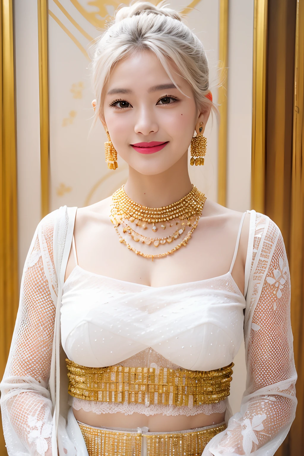 (extra detailed body、extra detailed face、best qualtiy:1.2)、femele、looking at the viewers、(White mesh hair color、a smile、Clothes made of golden beads)A fancy necklace with 10 cm wide beads、piercings)