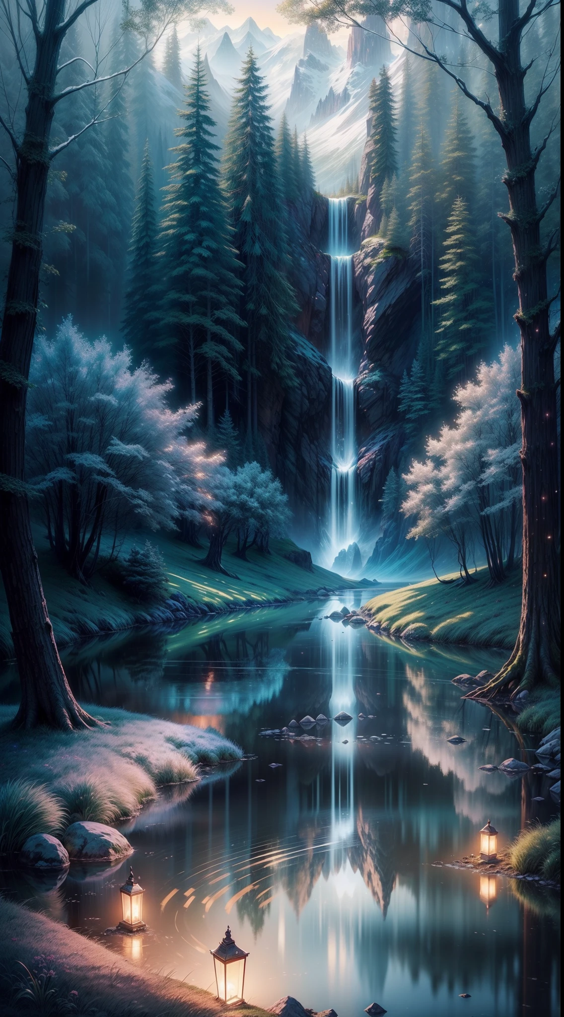 (Best quality:1.2,Ultra-detailed,Photorealistic:1.37),Masterpiece,Visually stunning,Blazing Northern Lights,Perfectcomposition,Vibrant colors,Mesmerizing lighting,Serene reflection,rippling water,glistening stars,an enchanted forest,Fresh air at night,Majestic mountains,Tranquil atmosphere,mystical ambiance,Surreal beauty,Sublime experience,Fantasy elements,ethereal glowing,nature harmony,enchanting landscape,awe-inspiring landscape,Delicate brushstrokes,magic realism,serenity and calm,Primitive Wilderness,Illuminated pathways,Fantastic serenade,Time freezes,Whispering tree,A glittering spectacle,Brilliant moonlight,graceful movements,Euphoria,endless horizon,harmonious balance,Unforgettable stories,Whimsical nature,Fairytale charm,Breathtaking panorama,Fascinating voyages,Celestial wonderland.