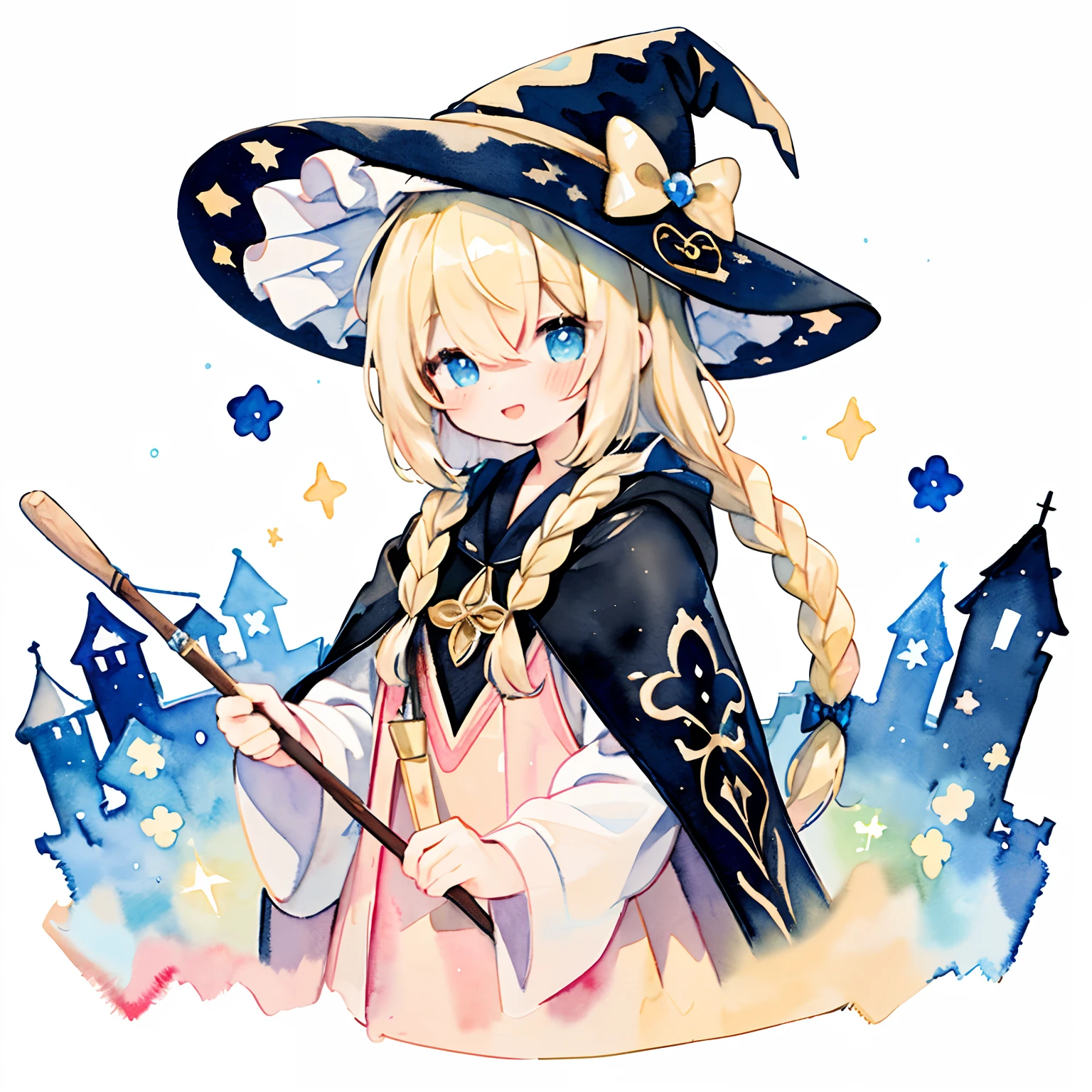 (PastelColors:1.5)、(Cute illustration:1.5)、(watercolor paiting:1.2)、(1 girl:1.0)、hair between eye、 hair between eye, White background, girl, Whole body espian, black cloak、Designed for an academic atmosphere, Style, blonde hair、Sparkling Heart, Vigorous、kawaii、Lots of magic、Witch costume、witch's hat、Putting hair together、(Single braid:1.3)、Like a VTuber、charicature、Magic broom、Happy smile、The magic of cheering up、glitter、Theme: Golden、Golden Magic