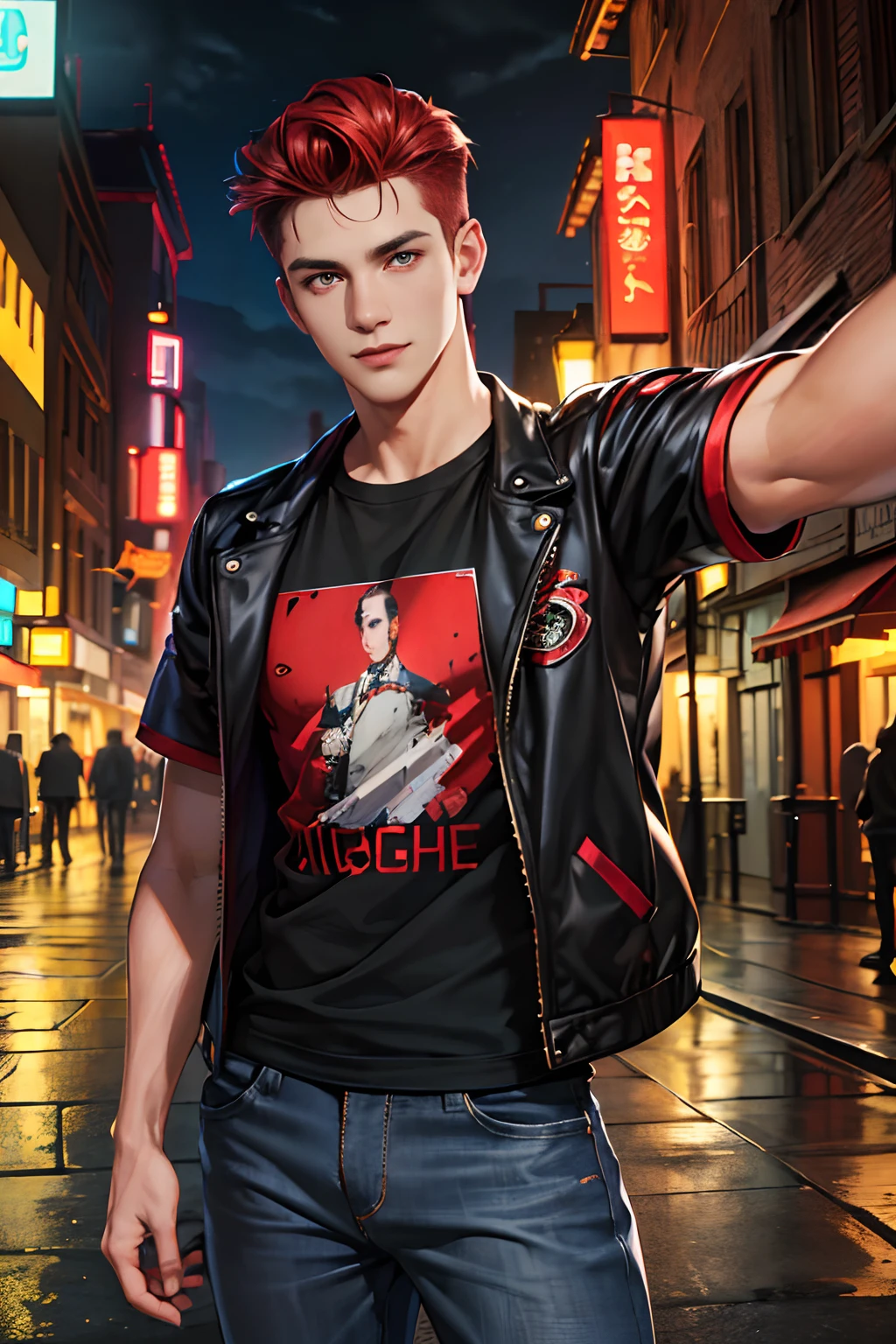 (absurdres, highres, ultra detailed, HDR), masterpiece, best quality, 1boy, handsome,red short hair, finely eye and detailed face, (black t-shirt), (jean jacket), dimple, forehead, night street, night city, midnight, selfie shot, light smile
