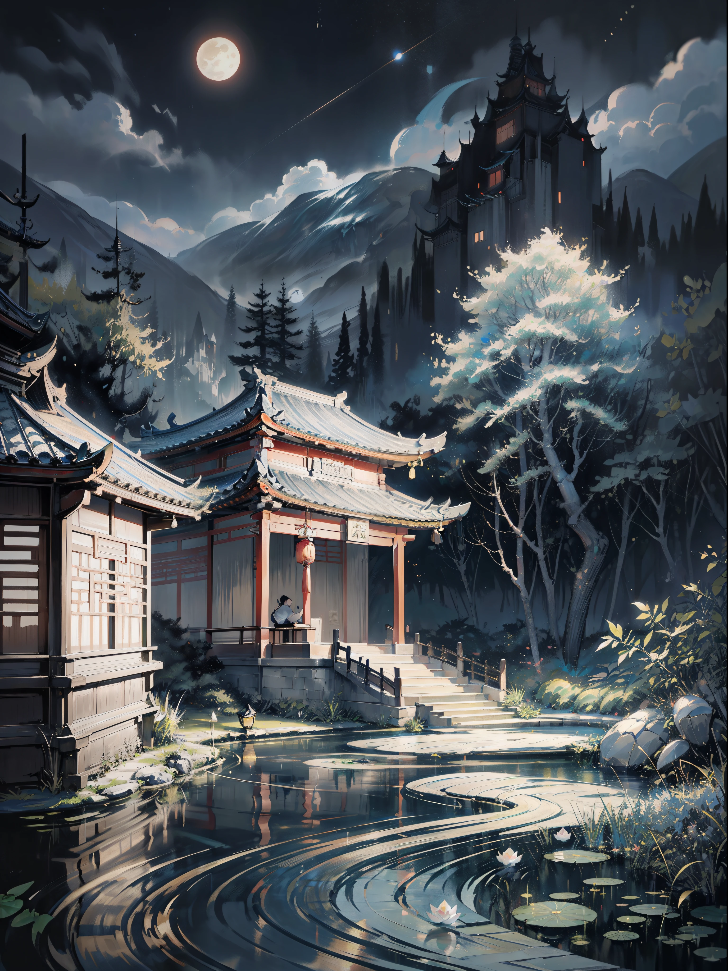 masterpiece,best quality,Chinese martial arts style,an asian night scene with lanterns and water lilies,asian pond with many lanterns and boatsa night scene with many lights and boats in the water, Lake surface, lotus flowers,beautiful night scene,(((Chinese martial arts style))), with vast sky, continuous mountains and steep cliffs, ink wash style, outline light, atmospheric atmosphere, depth of field, mist rising, bamboo, pine trees, octagonal stone pavilion, waterfall flowing water,big full moon,(No color) , Monochrome, light color,