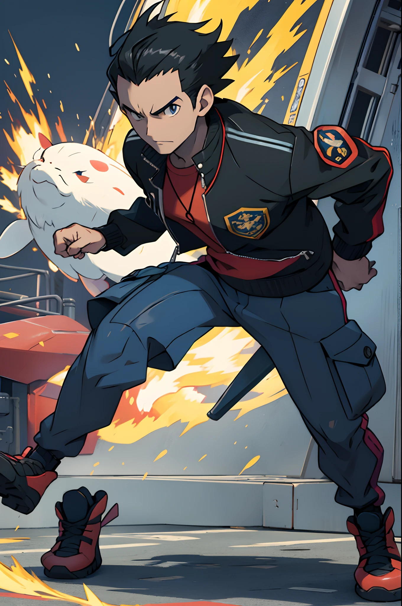 pokemon style, solo, older anime guy with black hair, ship captain, admiral jacket, full body, action pose, extremely detailed