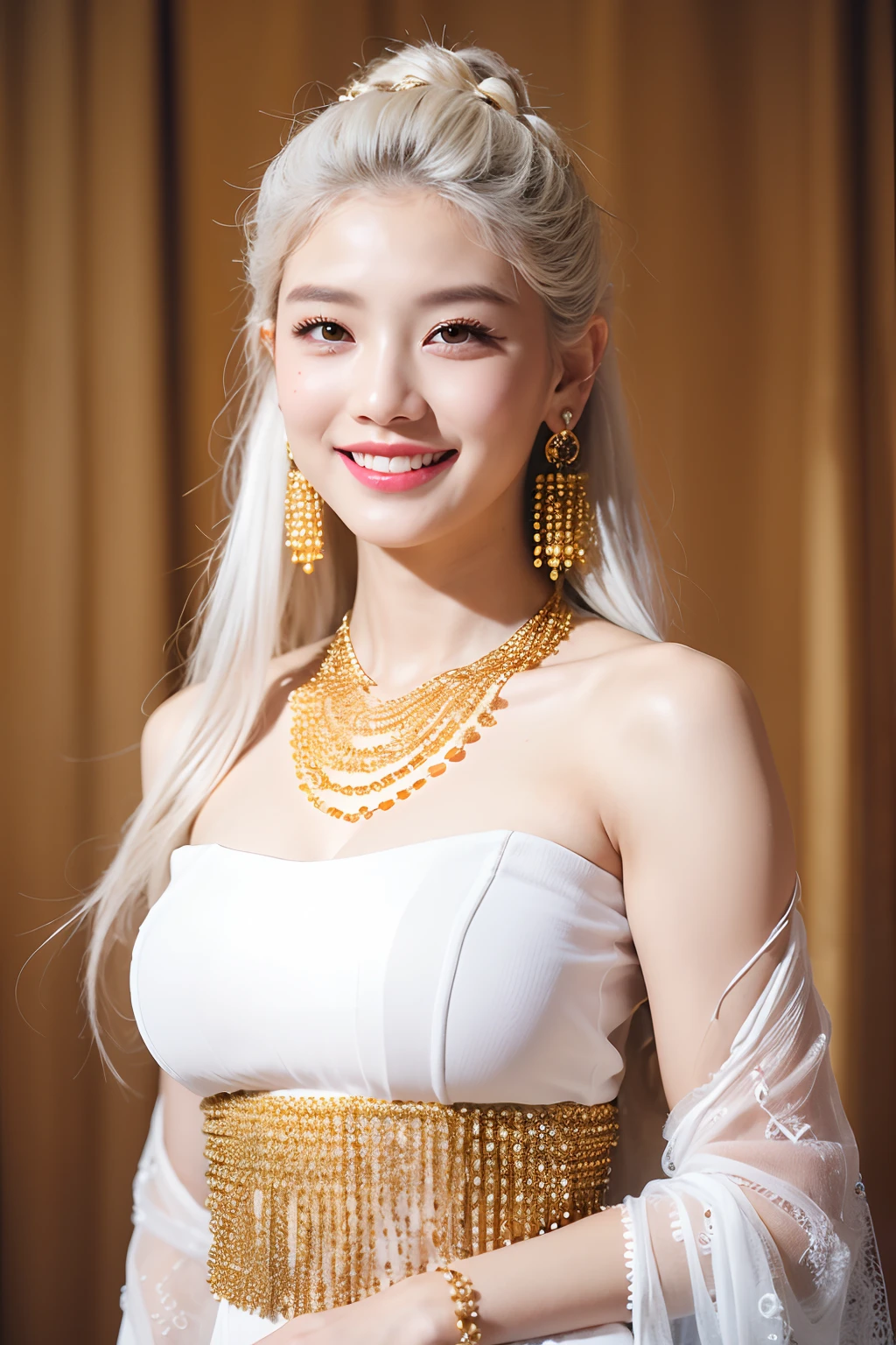 (extra detailed body、extra detailed face、best qualtiy:1.2)、femele、looking at the viewers、(White mesh hair color、a smile、Clothes made of golden beads)A fancy necklace with 10 cm wide beads、piercings)