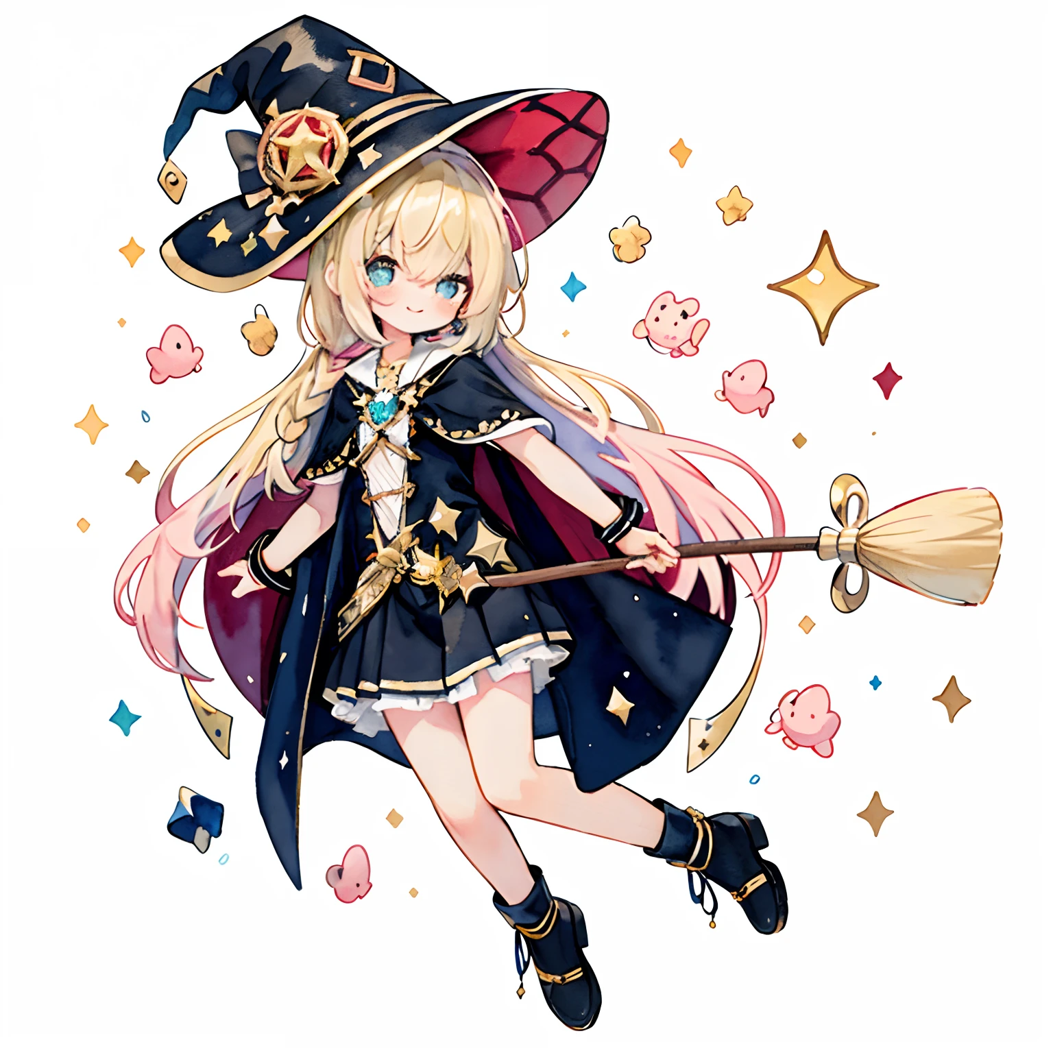 (PastelColors:1.5)、(Cute illustration:1.5)、(watercolor paiting:1.2)、(1 girl:1.0)、hair between eye、 hair between eye, White background, girl, Whole body espian, Black cloak、Designed for an academic atmosphere, Style, blonde hair、Sparkling Heart, Vigorous、kawaii、Lots of magic、Witch Costume、witch's hat、Putting hair together、(Single braid:1.3)、Like a VTuber、charicature、Magic broom、Happy smile、Cheering magic、Glitter、theme: Golden、Golden magic、Full Body Youth Esbian、treasures、Witch's Shoes