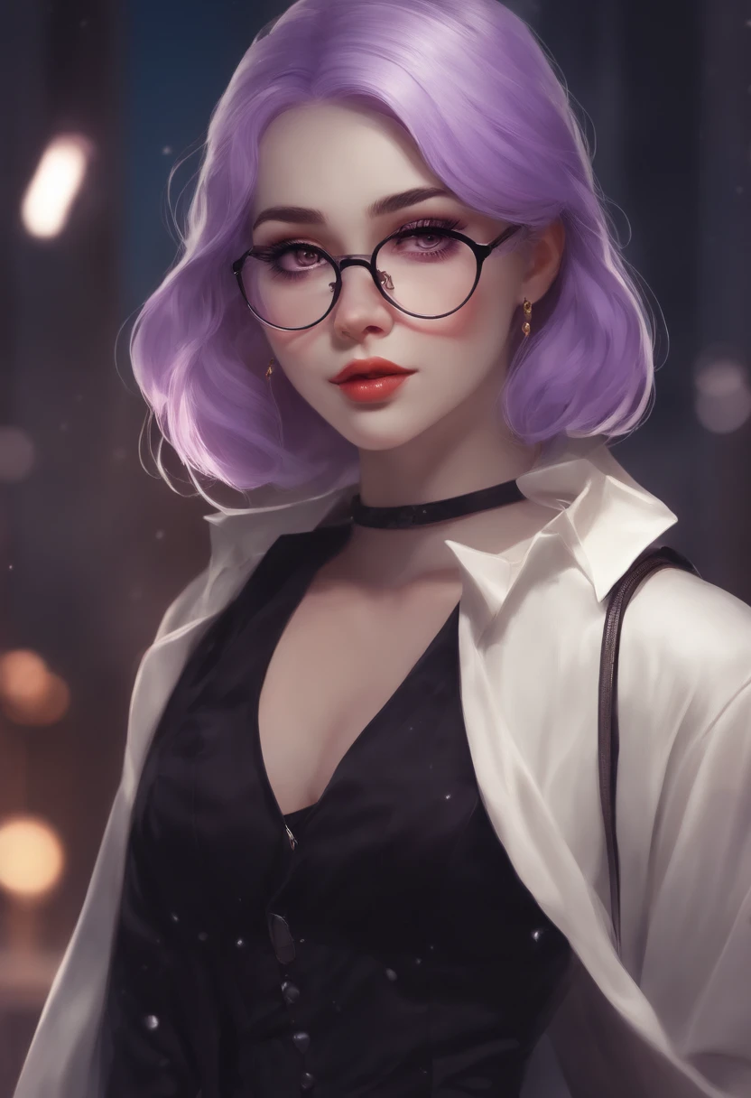 mulher, jovem, anime, tema roxo, mostrando apenas do peito pra cima, roupas longas brancas, fundo preto, eyeglass, anime, olhando para a tela, sorrisinho