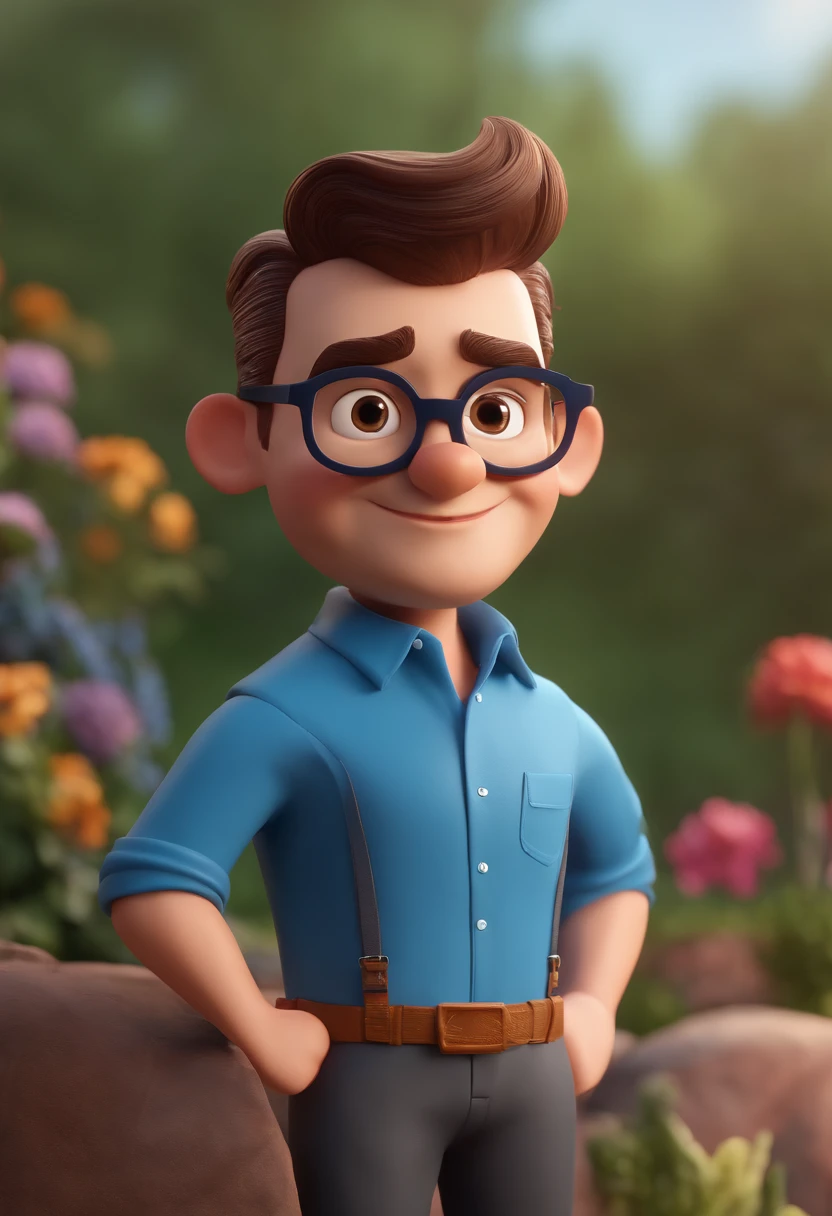 Cartoon character of a man with black glasses and a blue shirt, animation character, Caractere estilizado, animation style rendering, 3D estilizado, Arnold Maya render, 3 d render stylized, toon render keyshot, Personagem 3D, Personagem 3D, 3d rendering stylized, 3 d character render, personagem de desenho animado, Personagem de close up, Pose de personagem,  (Estilo Pixar) (master part:1.2) (Bokeh) (best quality) (pele detalhada) (textura detalhada) (8k) (argila) (Cinematic lighting) (foco nítido