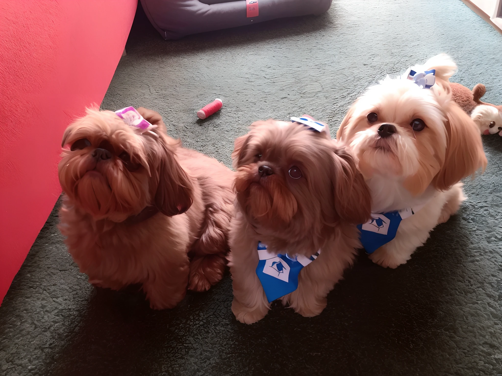 Three small dogs are sitting on the floor with their leashes, SOih Tzu, Looking towards the camera, bonito, they are all laying down, Oi, they are very serious, olhando parcialmente para a esquerda, Beautiful girls, muito feliz!, olhar orgulhoso, Me ajuda, estrela, ei, looking-into-camera, a partir da esquerda, posing for the camera