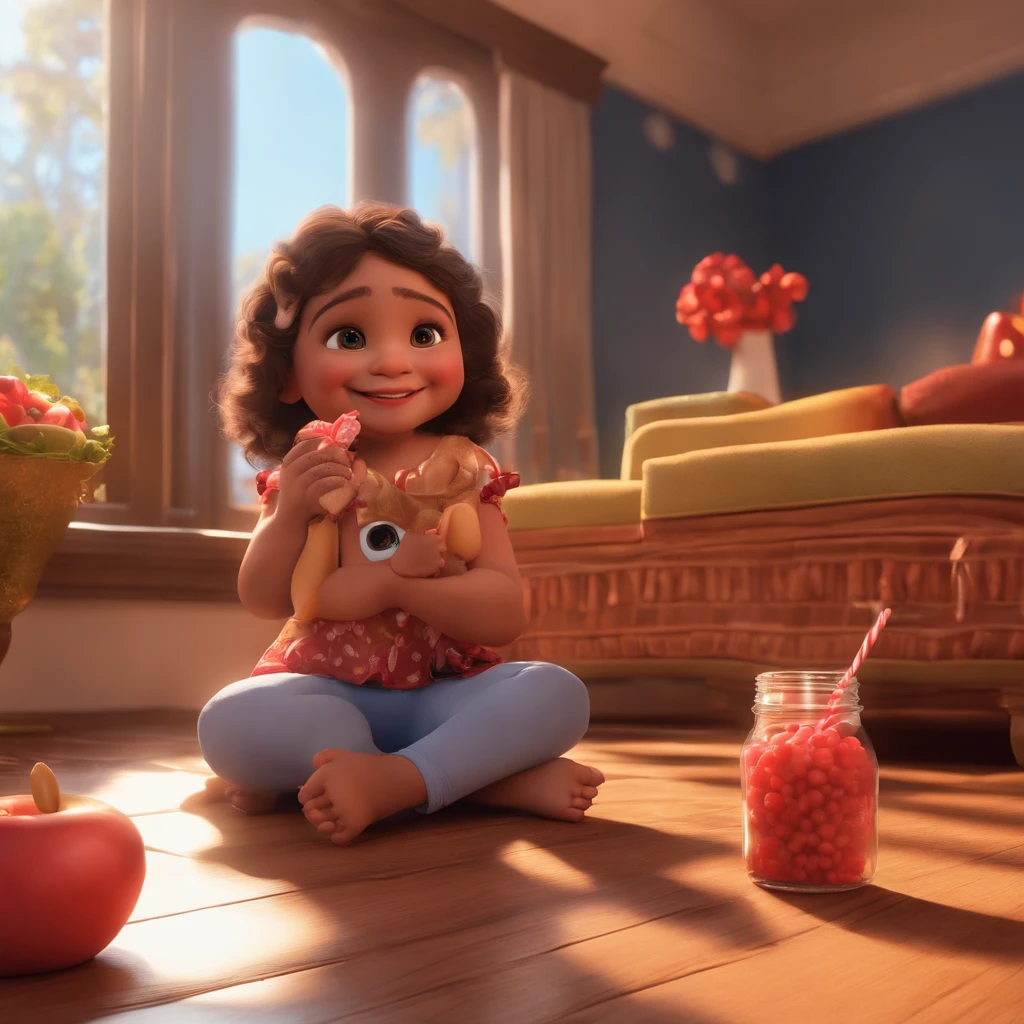 fofo, 可爱, preta sorridente no vestido, sitting on the floor, comer sorvete, com doces voando ao seu redor, Pixar, Disney, Cinema lighting, Jogos, 8k, Magic, amor