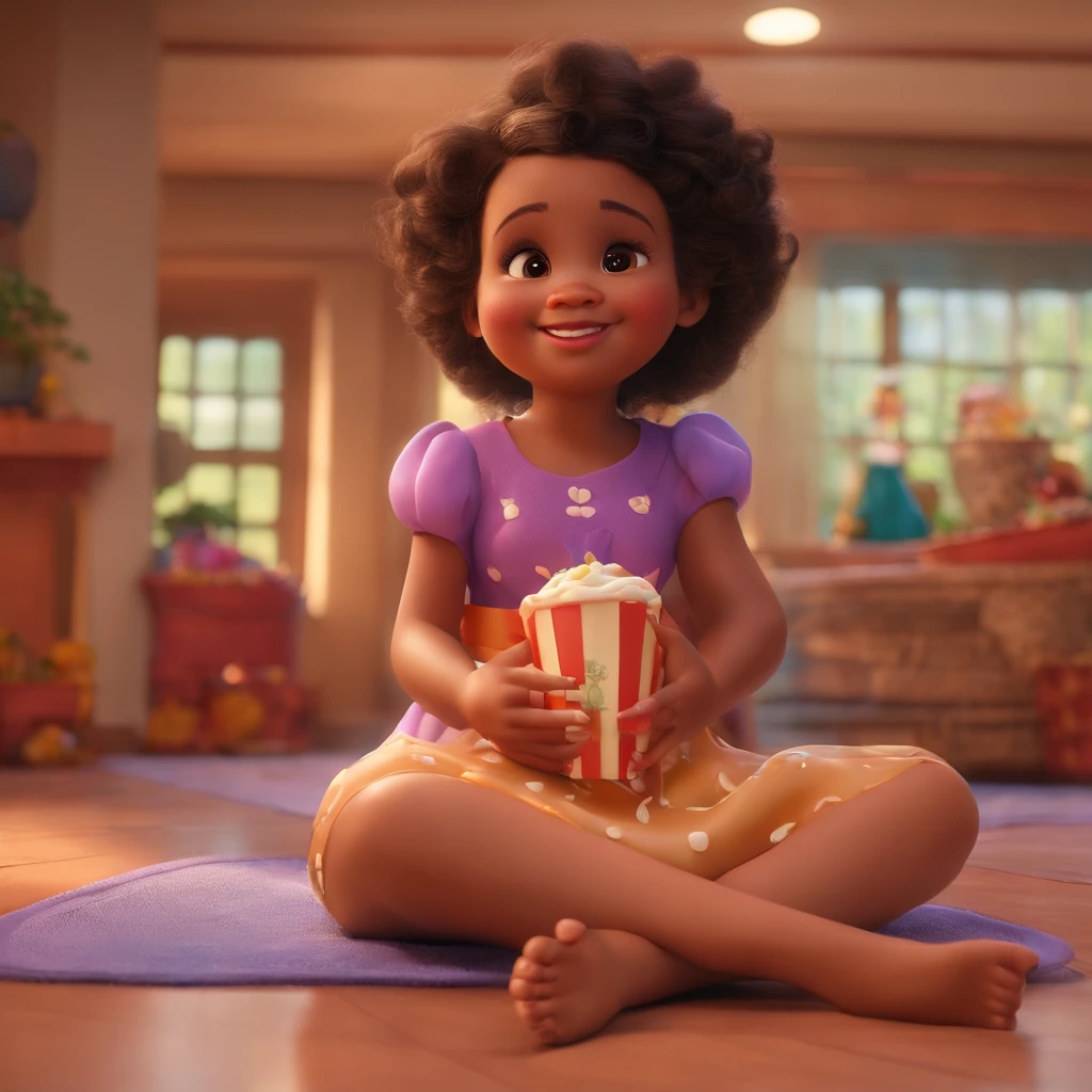 fofo, 可爱, preta sorridente no vestido, sitting on the floor, comer sorvete, com doces voando ao seu redor, Pixar, Disney, Cinema lighting, Jogos, 8k, Magic, amor