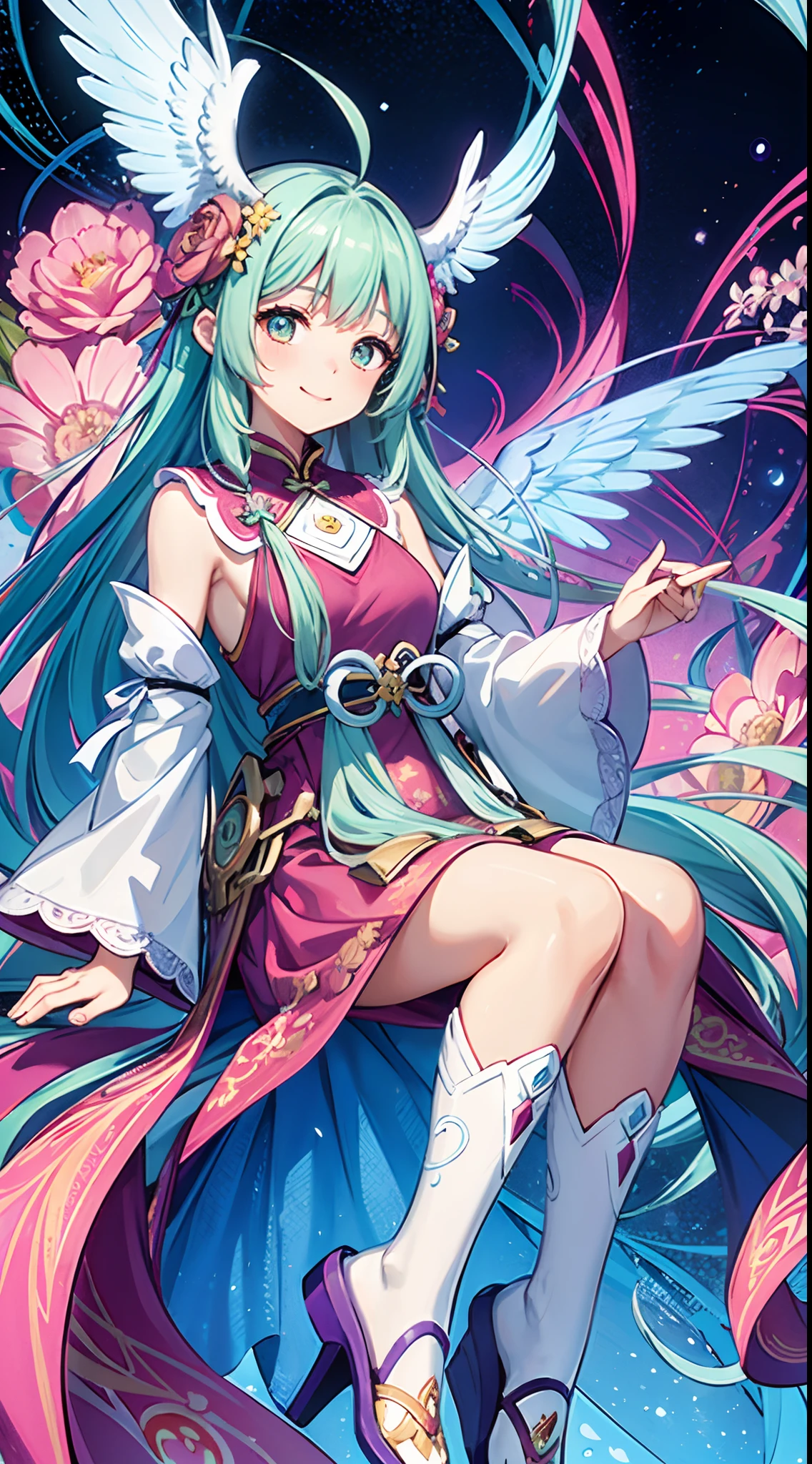 (masterpiece、top-quality、top-quality、Official art、Beautifully Aesthetic:1.2)、(1girl in:1.3)Light blue long hair、Twin-tailed、adorable smiling、ighly detailed、(Fractal Art:1.1)、(colourfull:1.1)(florals:1.3)、highestdetailed、(Zentangle:1.2)、(dynamicposes)、(Abstract background:1.3)、(shinny skin)、(Many colors:1.4)、、(耳Nipple Ring)、(pluma:1.5)、White background、Phoenix dress、