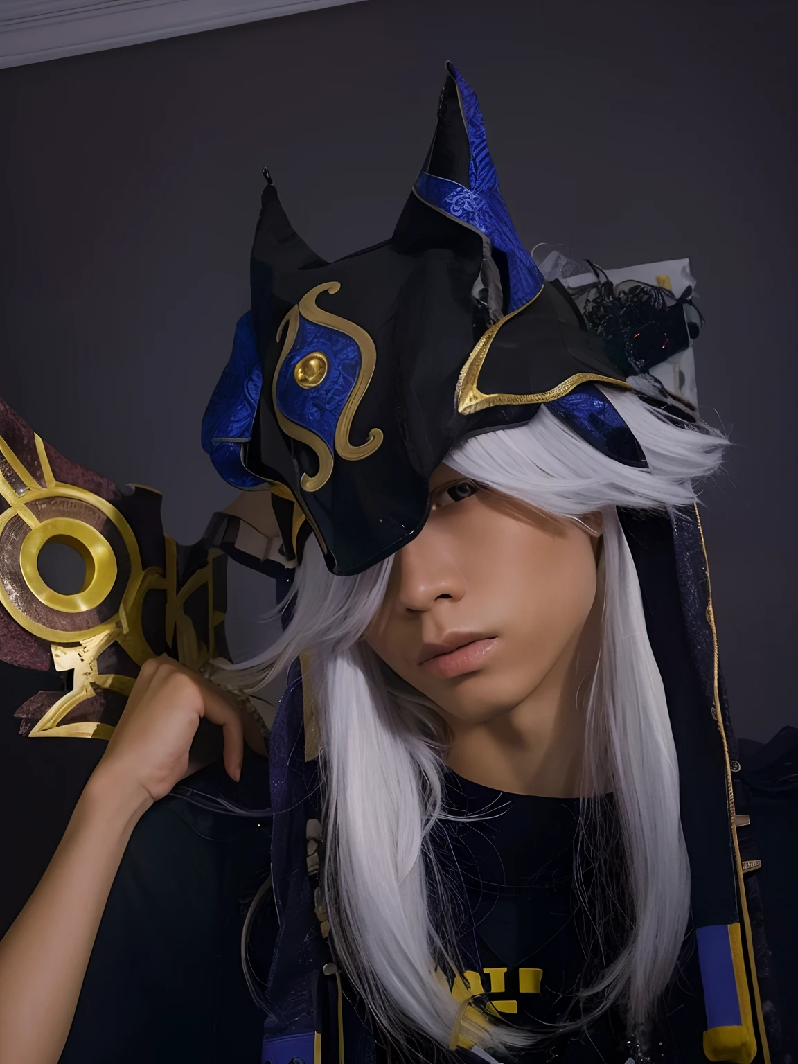 1boy, white hair, realistic, ultra detail, 70mm lens,