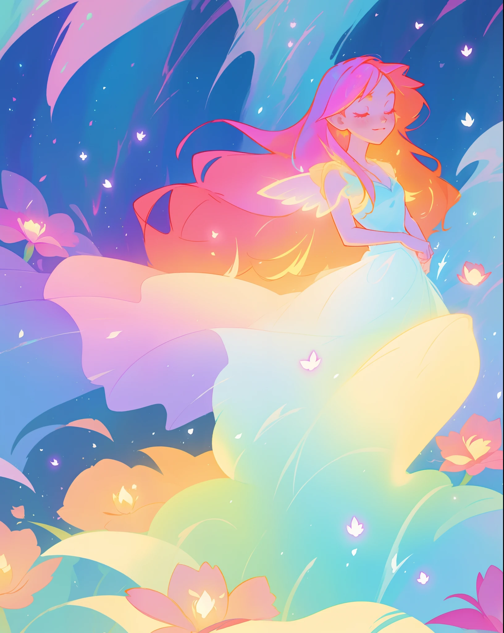 beautiful fairy girl in flowing colorful dress, fairy dress, fairy queen, magical colorful otherworldly landscape, (glowing fairy wings), glowing flowing ballgown, long hair, sparkling fairy wings, watercolor illustration, flowers and colorful plants, inspired by Glen Keane, inspired by Lois van Baarle, disney art style, by Lois van Baarle, glowing aura around her, by Glen Keane, jen bartel, glowing lights! digital painting, flowing glowing hair, glowing flowing hair, beautiful digital illustration, fantasia otherworldly landscape plants flowers, beautiful, masterpiece, best quality, anime disney style