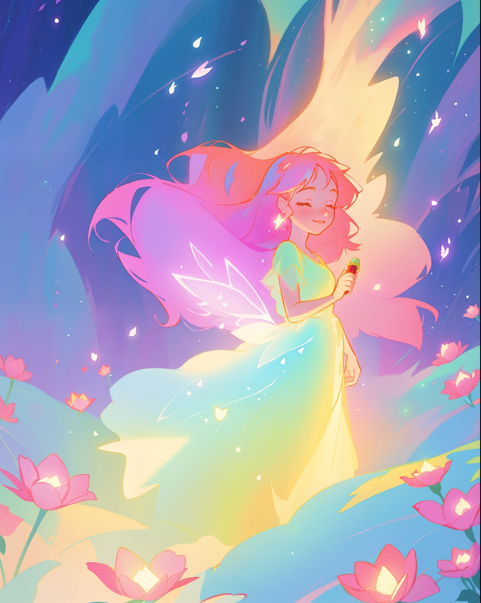 beautiful fairy girl in flowing colorful dress, fairy dress, fairy queen, magical colorful otherworldly landscape, (glowing fairy wings), glowing flowing ballgown, long hair, sparkling fairy wings, watercolor illustration, flowers and colorful plants, inspired by Glen Keane, inspired by Lois van Baarle, disney art style, by Lois van Baarle, glowing aura around her, by Glen Keane, jen bartel, glowing lights! digital painting, flowing glowing hair, glowing flowing hair, beautiful digital illustration, fantasia otherworldly landscape plants flowers, beautiful, masterpiece, best quality, anime disney style