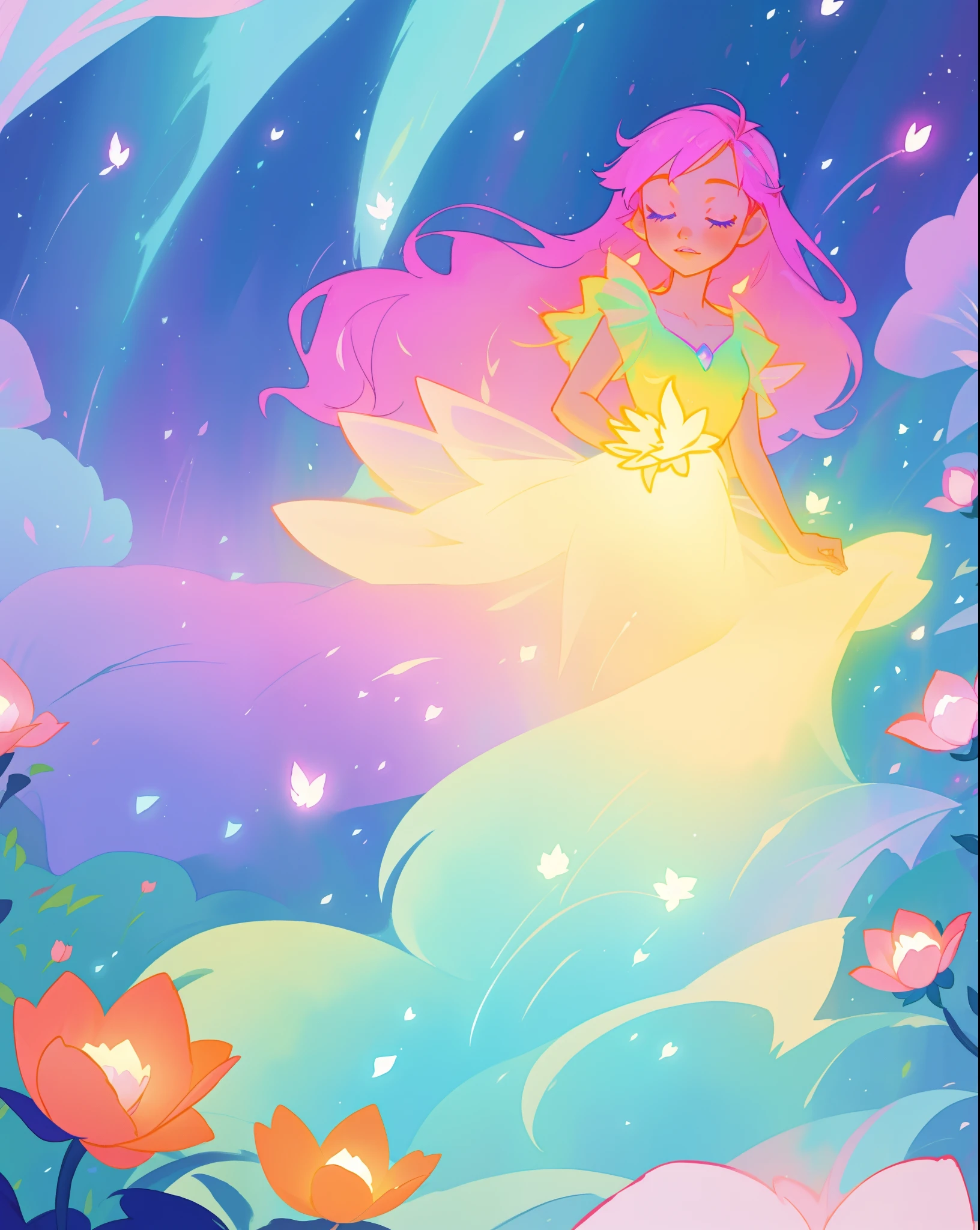 beautiful fairy girl in flowing colorful dress, fairy dress, fairy queen, magical colorful otherworldly landscape, (glowing fairy wings), glowing flowing ballgown, long hair, sparkling fairy wings, watercolor illustration, flowers and colorful plants, inspired by Glen Keane, inspired by Lois van Baarle, disney art style, by Lois van Baarle, glowing aura around her, by Glen Keane, jen bartel, glowing lights! digital painting, flowing glowing hair, glowing flowing hair, beautiful digital illustration, fantasia otherworldly landscape plants flowers, beautiful, masterpiece, best quality, anime disney style