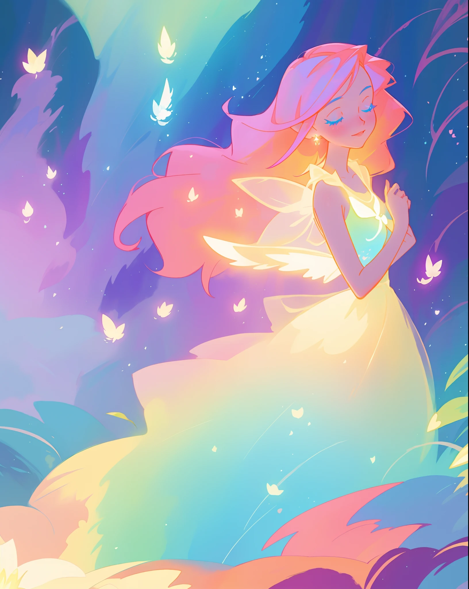 beautiful fairy girl in flowing colorful dress, fairy dress, fairy queen, magical colorful otherworldly landscape, (glowing fairy wings), glowing flowing ballgown, long hair, sparkling fairy wings, watercolor illustration, flowers and colorful plants, inspired by Glen Keane, inspired by Lois van Baarle, disney art style, by Lois van Baarle, glowing aura around her, by Glen Keane, jen bartel, glowing lights! digital painting, flowing glowing hair, glowing flowing hair, beautiful digital illustration, fantasia otherworldly landscape plants flowers, beautiful, masterpiece, best quality, anime disney style