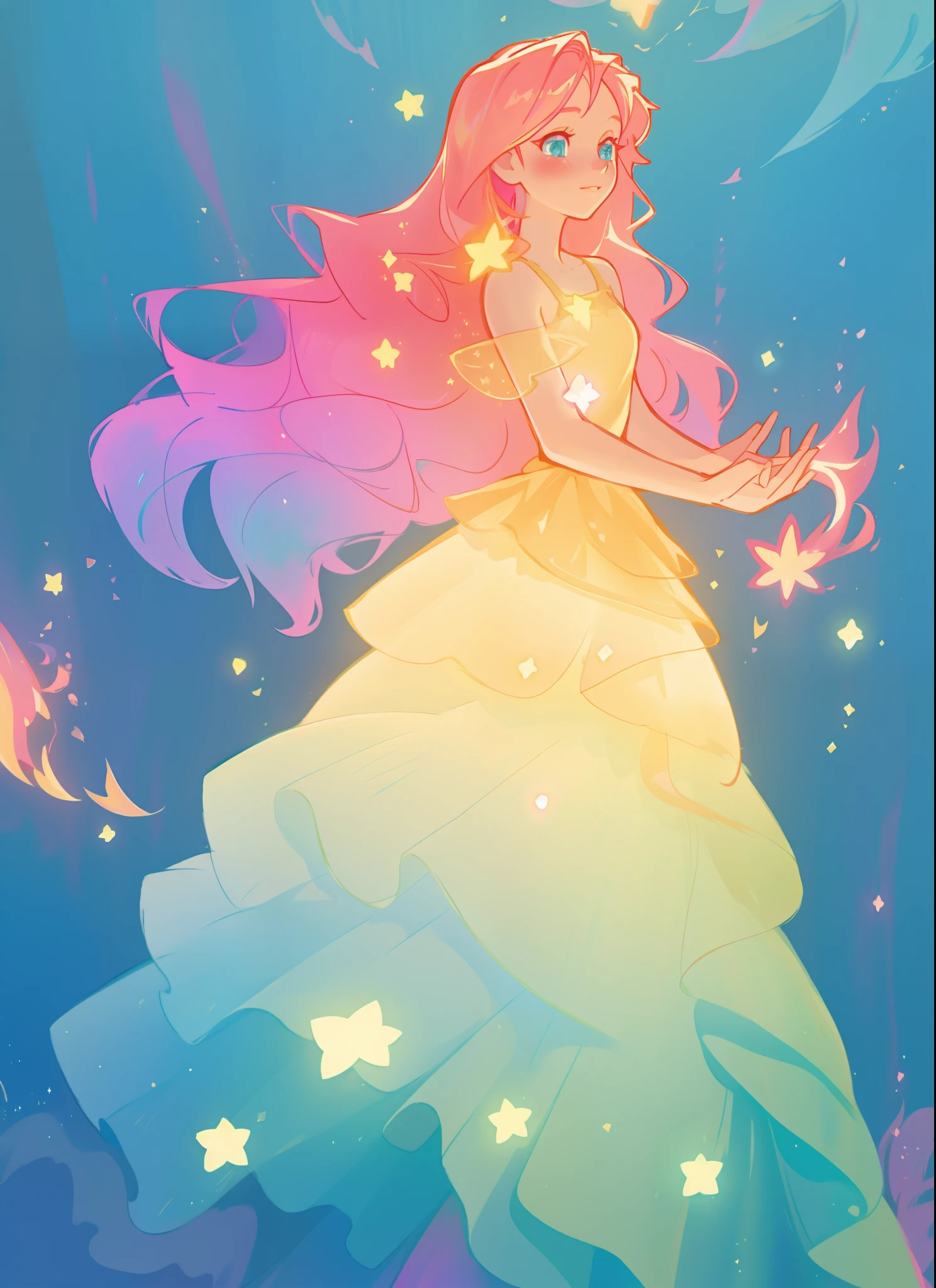 beautiful girl in flowing gradient layered ballgown, flowing pink hair, ((sparkling gold aqua blue gradient dress)), ((multi-layered tiered ballgown dress)), whimsical fantasia and flowers background, vibrant pastel colors, (colorful), magical lights, magical flowers, flowers, glowing lights, red pink long wavy hair, sparkling lines of light, inspired by Glen Keane, inspired by Lois van Baarle, disney art style, by Lois van Baarle, glowing aura around her, by Glen Keane, jen bartel, glowing lights! digital painting, flowing glowing hair, glowing flowing hair, beautiful digital illustration, fantasia background, whimsical, magical, fantasy, beautiful face, ((masterpiece, best quality)), intricate details, highly detailed, sharp focus, 8k resolution, sparkling detailed eyes, liquid watercolor
