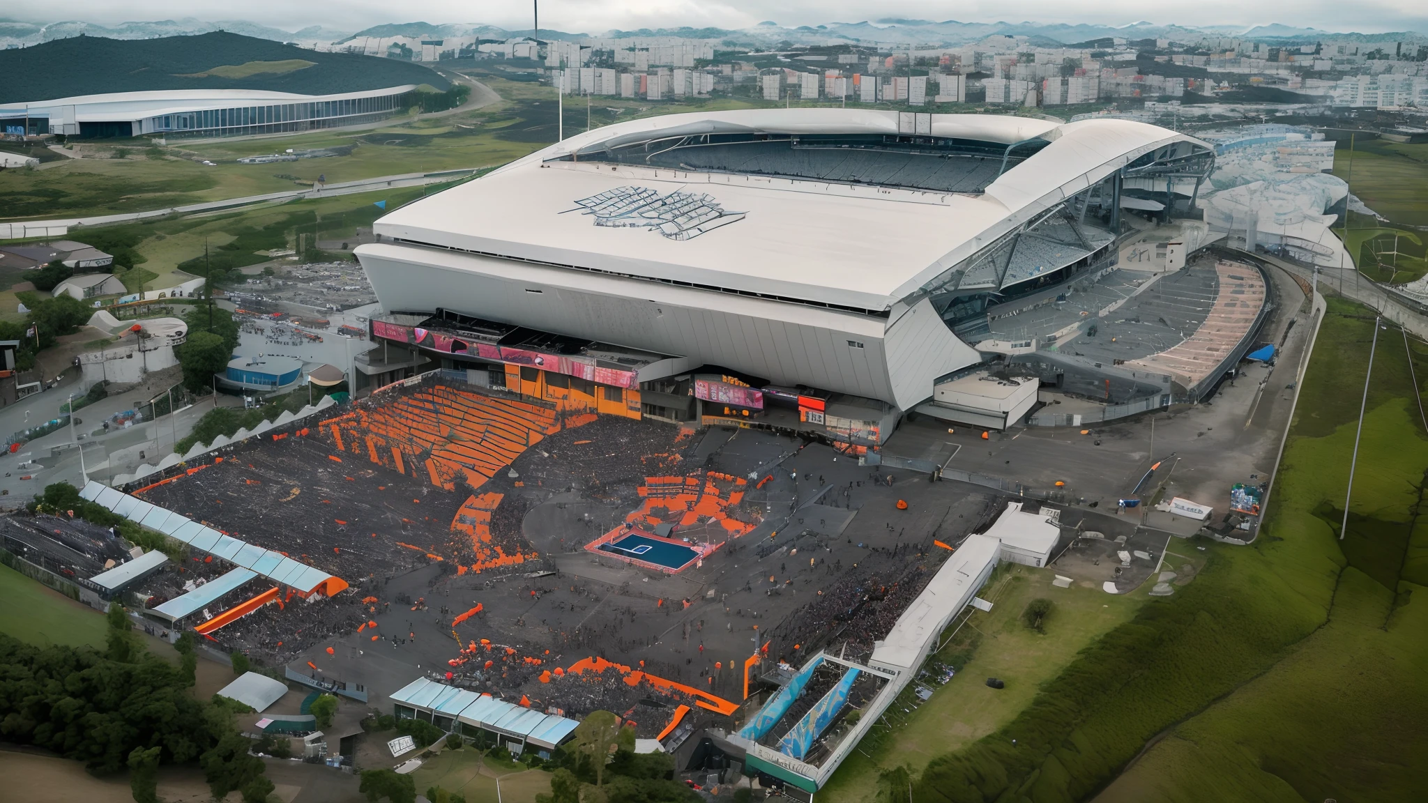 Aerial view of a large crowd of people gathered outside a stadium, um palco de festival ao ar livre, visto de cima, foto tirada de cima, stadium full of people, foto de 2022, tiro de cima, Paisagem da Arena Softair, View from above, tiro de arial, tiro grande angular de cima, Tiro de drone, stadium setting, football stadium. Festival colorido com barco viking e roda gigante. Decorado nas cores azul e rosa.