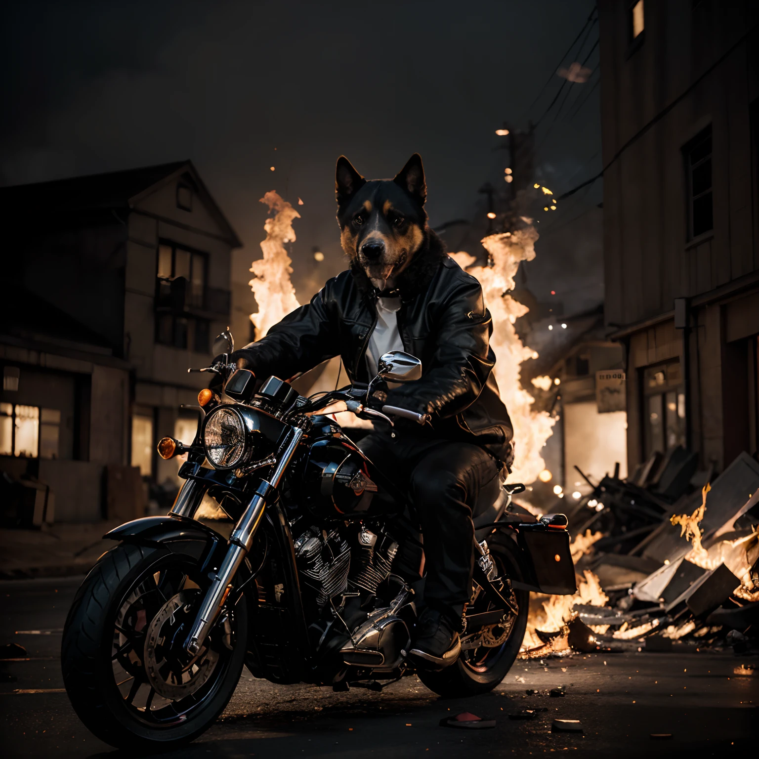 (a detailed picture of a dog in a black jacket riding a Harley Davidson with flaming wheels, against a backdrop of chaos and flames),highres,ultra-detailed,realistic:1.37,HDR,professional,vivid colors,bokeh,detailed dog's face,long eyelashe,detailed eyes,painted illustration,dark-toned,studio lighting,fiery background,flaming atmosphere,demon-like shadows,dramatic lighting,expressive dog's eyes,detailed dog's jacket,detailed wheels,chaotic surroundings,dark and intense style,detailed fire effects,enigmatic feel,strong and powerful presence,artistic interpretation of a motorcycle riding dog