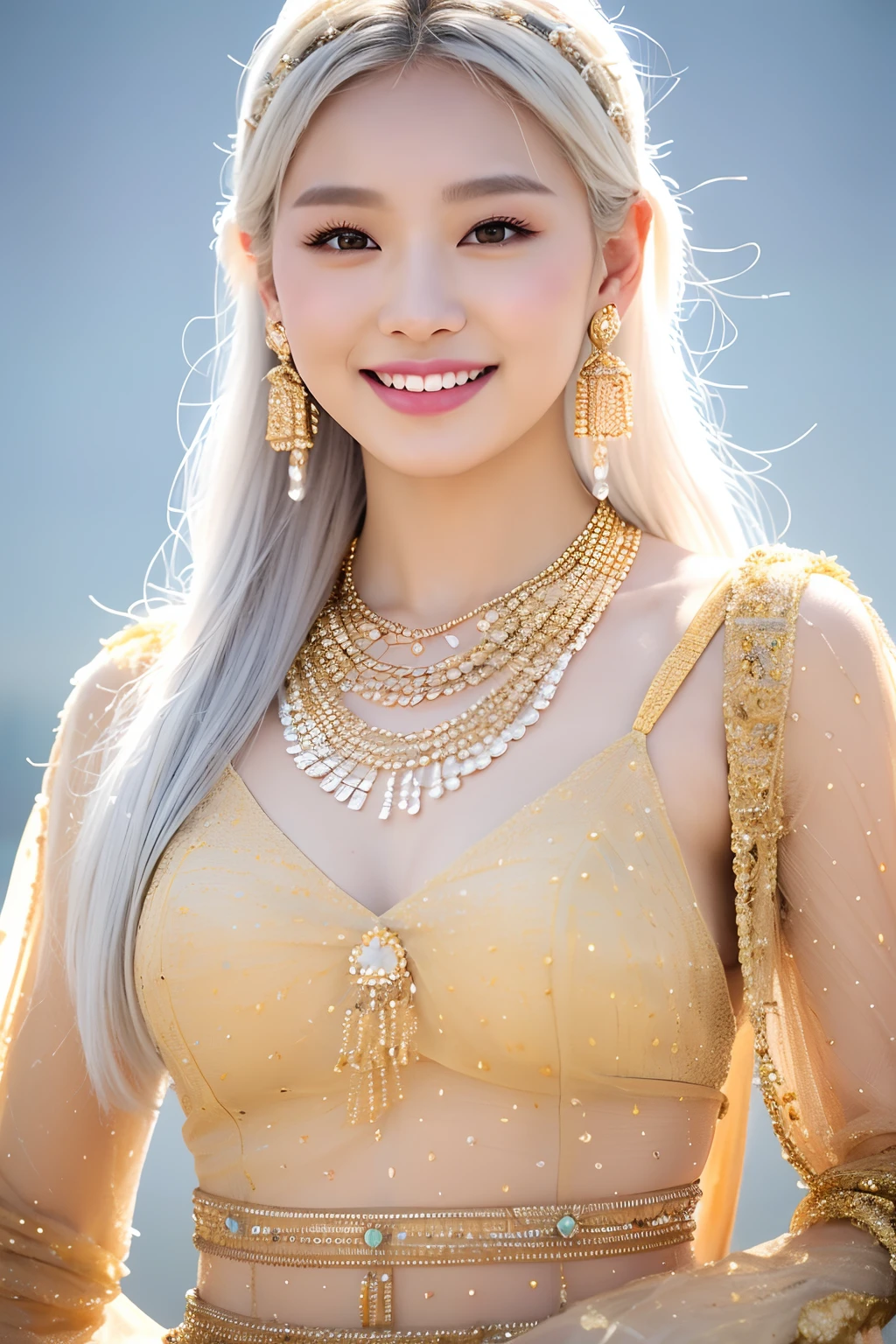 (extra detailed body、extra detailed face、best qualtiy:1.2)、femele、looking at the viewers、(White mesh hair color、a smile、Clothes made of golden beads）A fancy necklace with 10 cm wide beads、piercings）