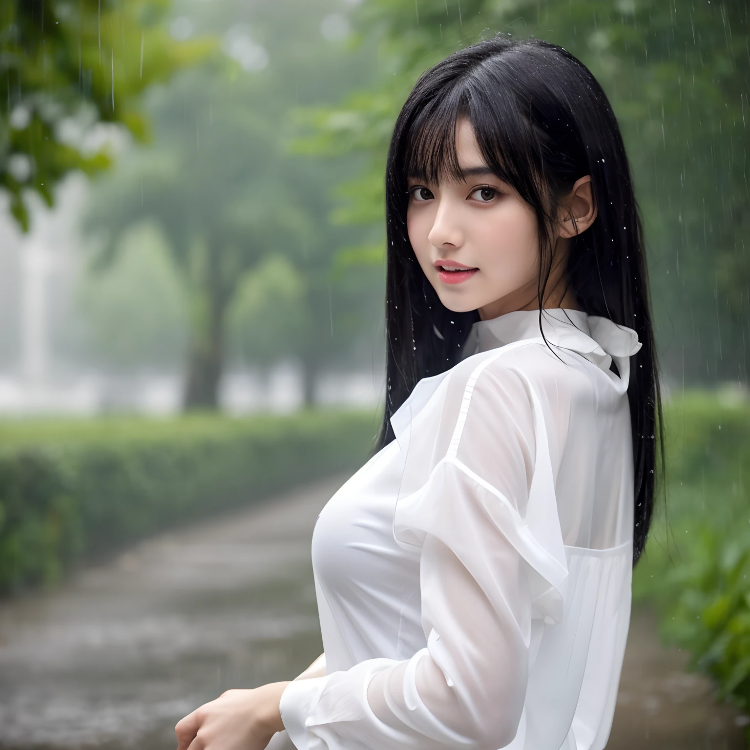 Beautiful girl with black hair, big breasts, white shirt, sheer in the rain