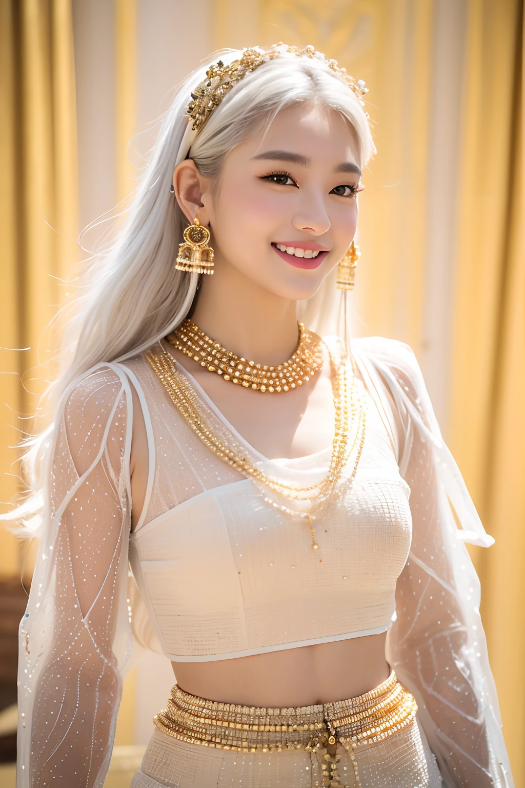 (extra detailed body、extra detailed face、best qualtiy:1.2)、femele、looking at the viewers、(White mesh hair color、a smile、Clothes made of golden beads)A fancy necklace with 10 cm wide beads、piercings)