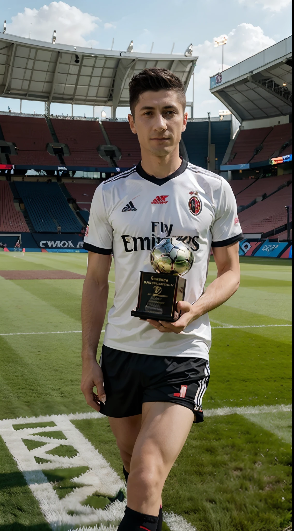 um homem,Robert Lewandowski, Camisa e bermuda de futebol da Associazione Calcio Milan, football stadium, Trophy in hand, highes definition, 8k