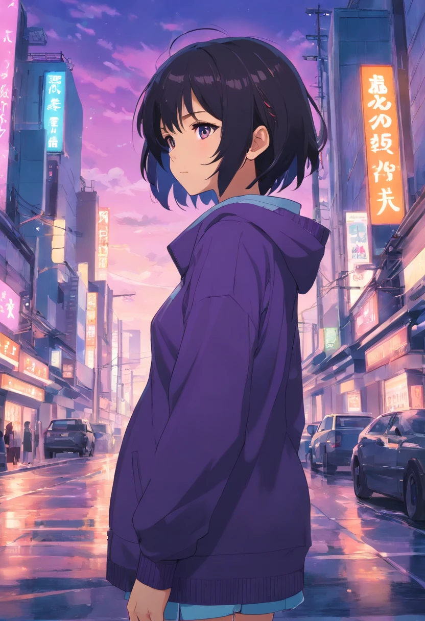 Anime, mulher, roupas largas brancas, fundo totalmente preto, tema roxo, cabelo com poucas mechas na cor roxa, mostrando apenas metade do corpo, anime