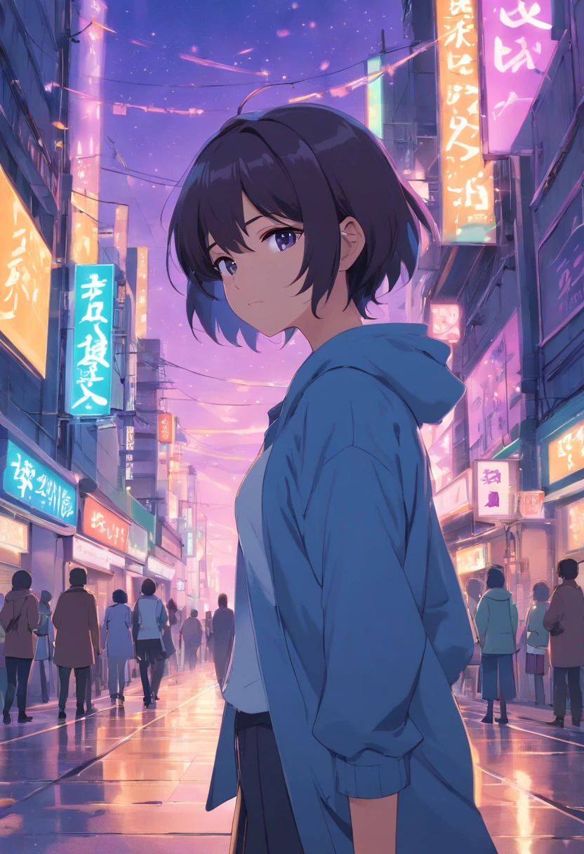 Anime, mulher, roupas largas brancas, fundo totalmente preto, tema roxo, cabelo com poucas mechas na cor roxa, mostrando apenas metade do corpo, anime